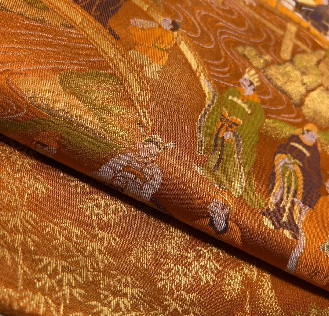 5B01名古屋帯 名古屋仕立て 茶オレンジ 345cm 古典柄