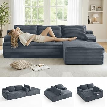 96" Boneless Couches for Living Room, L Shaped Sectional Sofa | Modular Cloud Couch with Right Chaise, Compressed Sofa, Deep Seat, Side Pocket, Memory Foam, Corduroy Fabric, Dark Gray