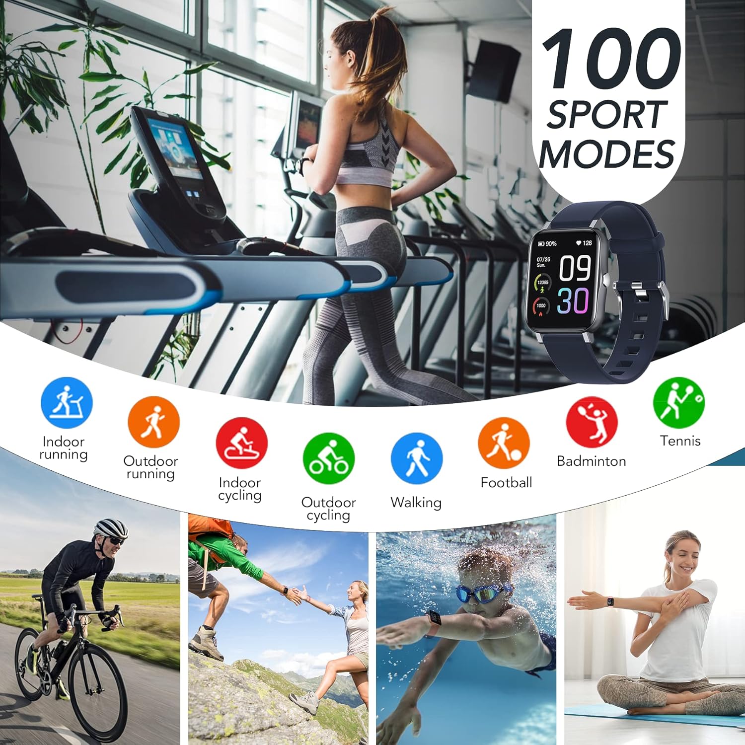 threesheep GTS2 Smart Watch displaying various sport modes like running, cycling, and football, with people engaging in different activities.