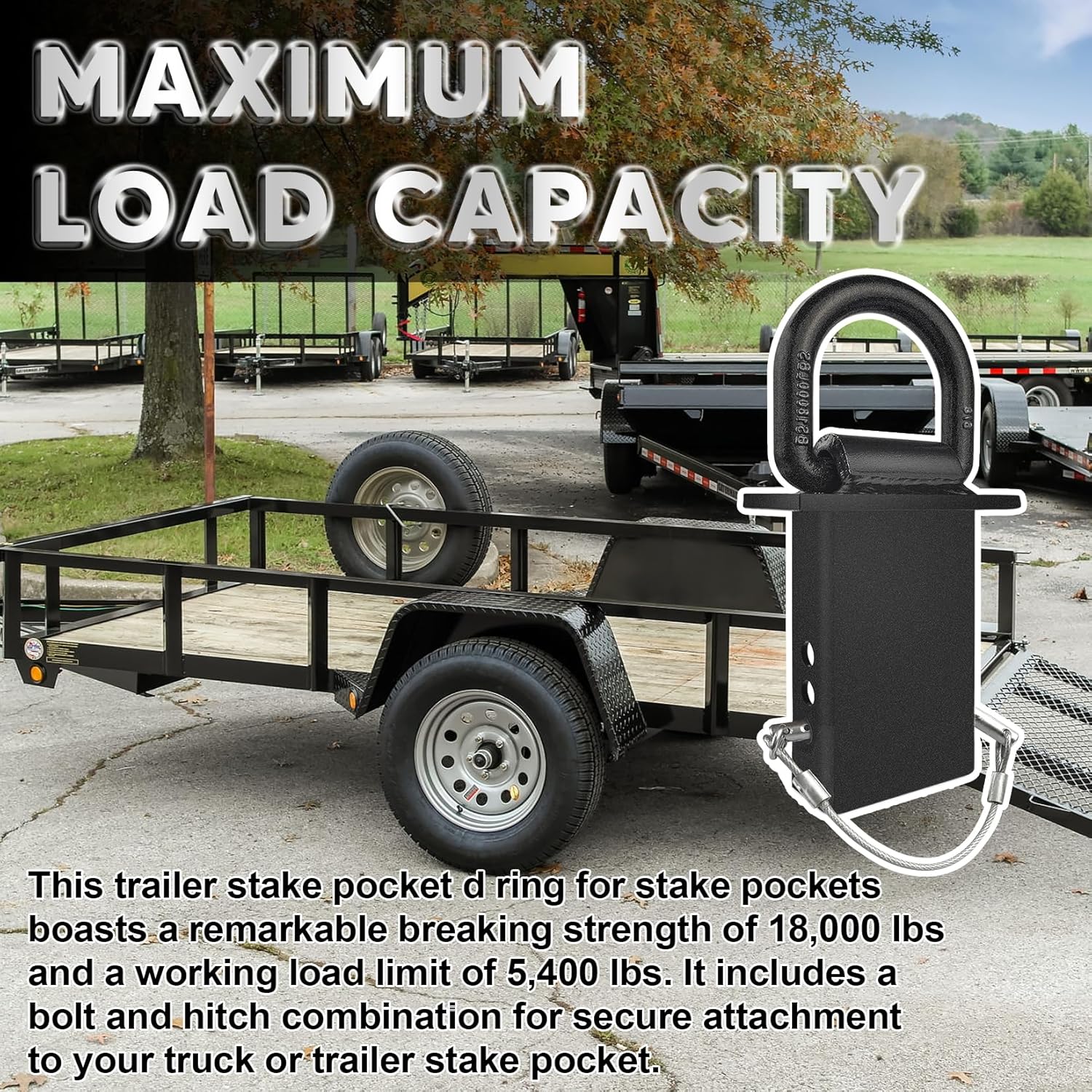 Stake Pocket D Rings 6pcs 18000lbs Heavy Duty D-Ring Tie Downs for Utility Trailers and Flatbed Trucks w/Hitch Pin w/Steel Cables, Removable Tie Downs for Flatbed Cargo Trucks, Black Upgrade