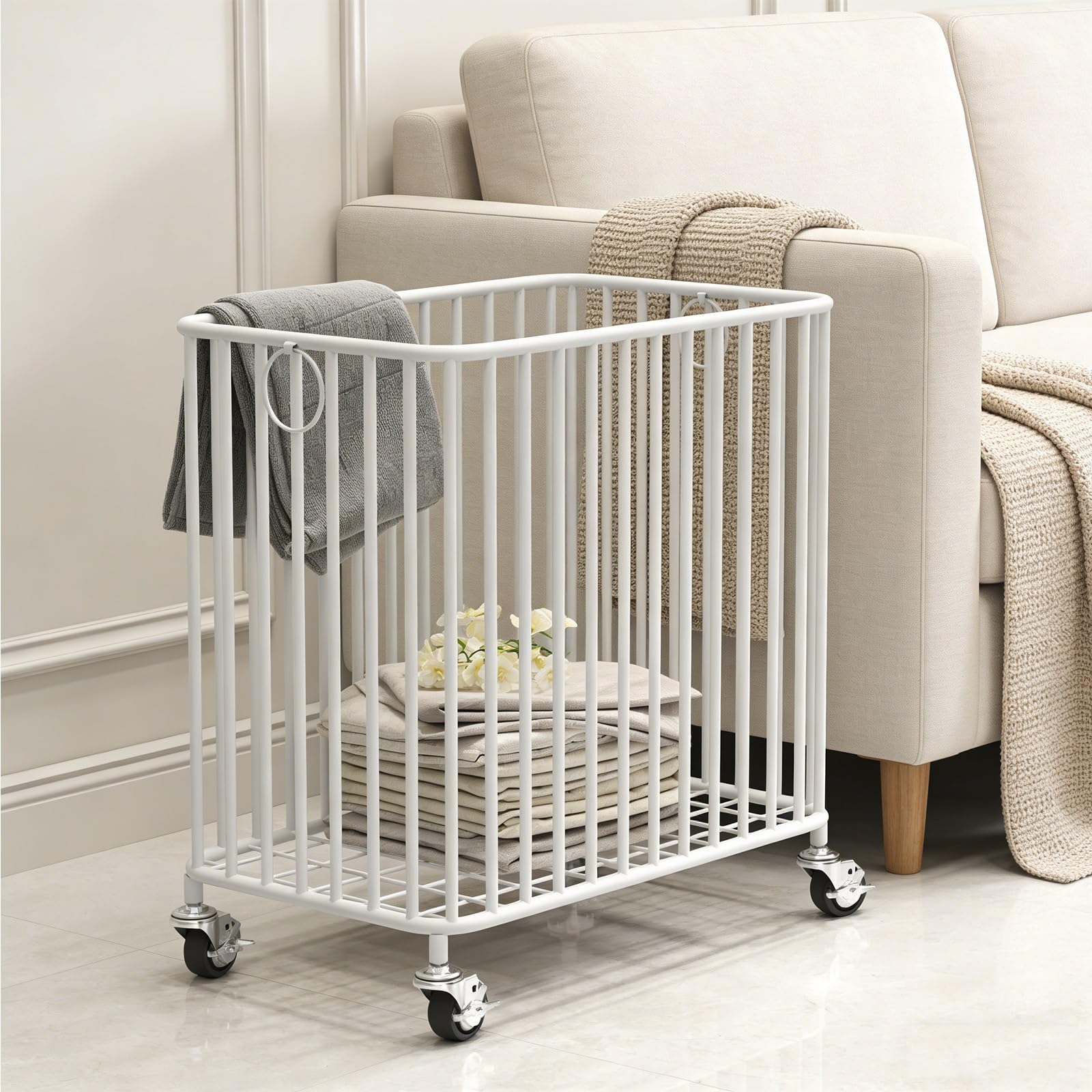 SFSLBFB Large Rolling Laundry Hamper with Wheels, Pull Ring Clothes Sorter Cart, Space Saving Dirty Laundry Basket Organizer for Bathroom, Bedroom, Dorm