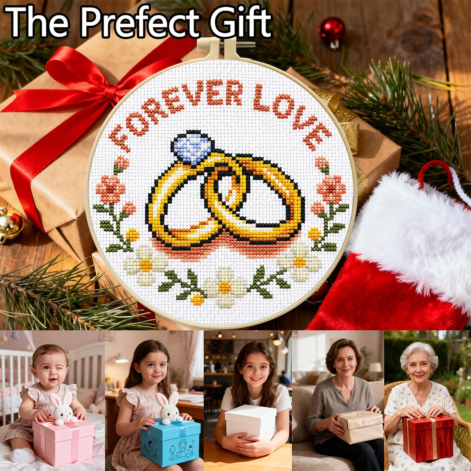 Zhenqing Forever Love Cross Stitch Kit with Wedding Rings, 11CT Printed 20x20cm for Beginners, Romantic Embroidery Set with 16cm Hoop(70837)
