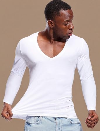 Deep V Neck Shirts Men Long Sleeve Stretch T-Shirt Low Cut Undershirts Tees