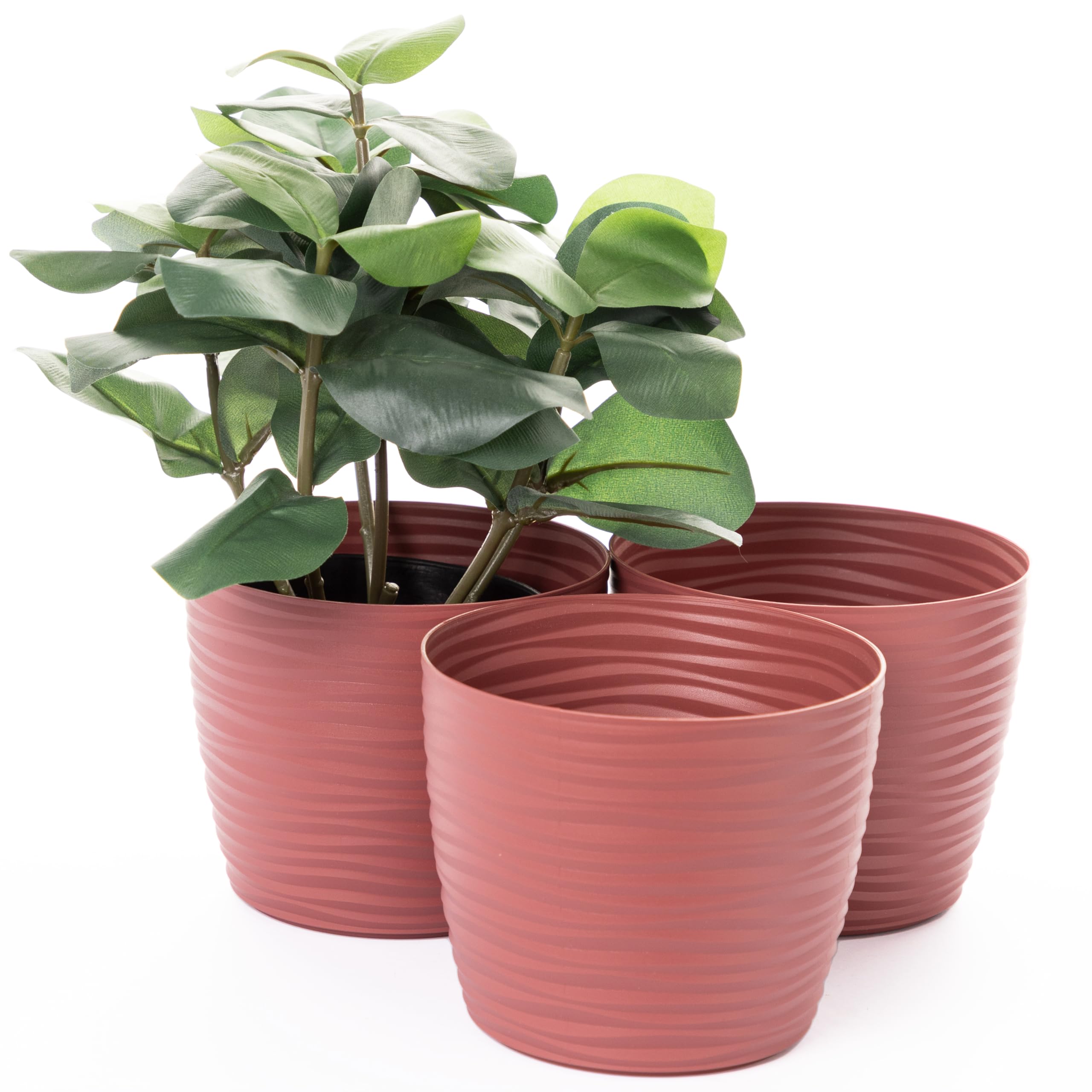 Home Garden Ornaments Plant Pots Indoor – Set of 3 Plastic Flower Pots, Unique Wave Design, No Drainage Holes, Indoor Plant Pot for Modern Home Décor (Red, 15cm / 5.9 inch)