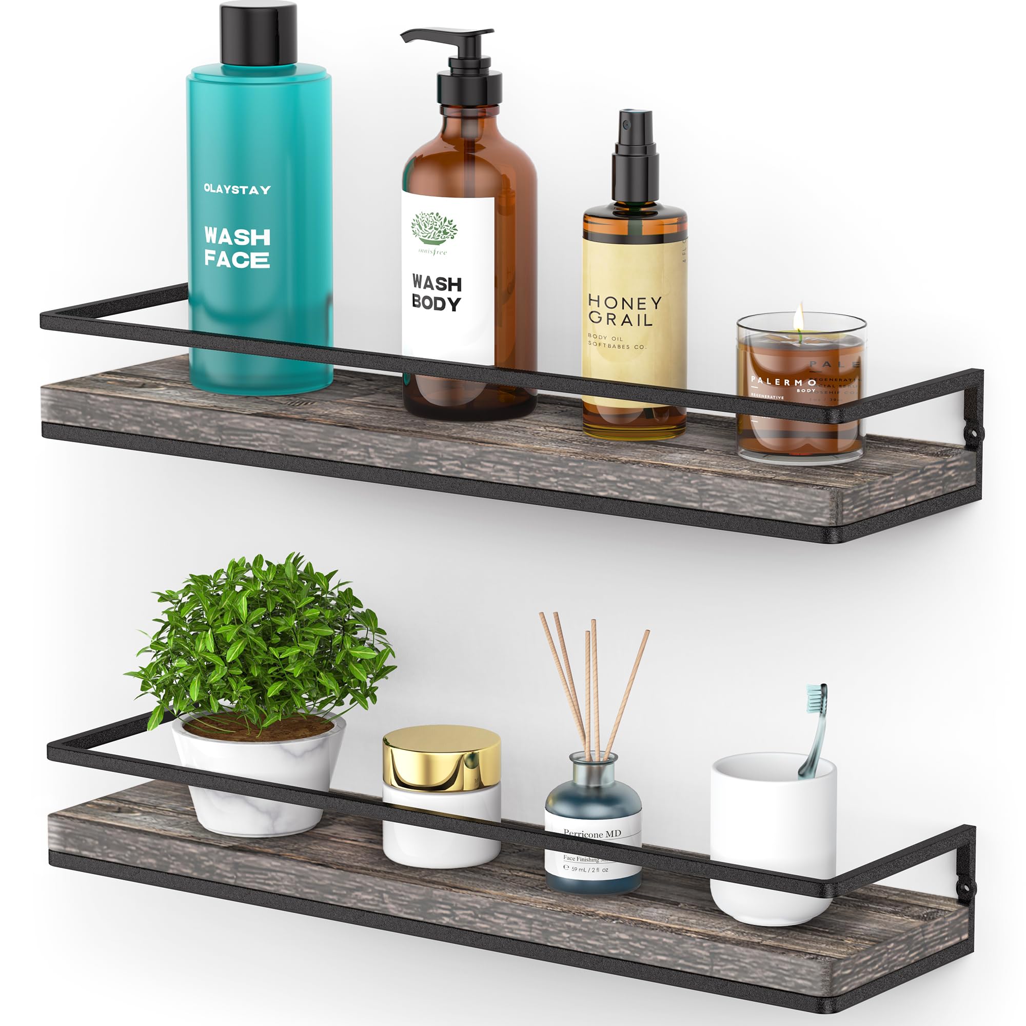 Meangood Floating Shelves Wall Mounted Set of 2, Rustic Wood Wall Storage Shelves for Bedroom,Living Room,Bathroom, Kitchen Pine
