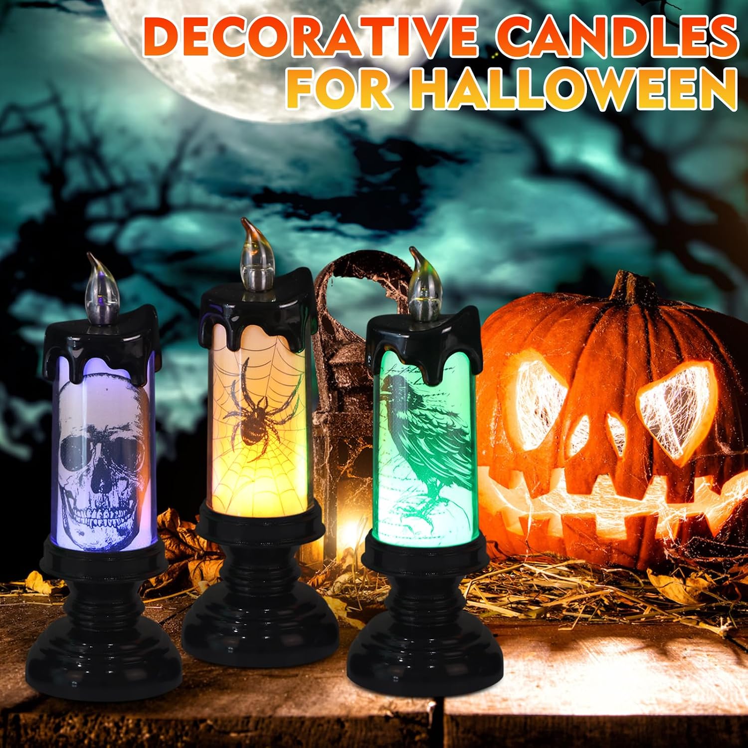 GenSwin Halloween Black Flameless Candles Light, 3 Pack LED Battery Operated Candles with Remote Timer, Table Centerpiece for Halloween Decorations(Skulls, Spiders, Crows)