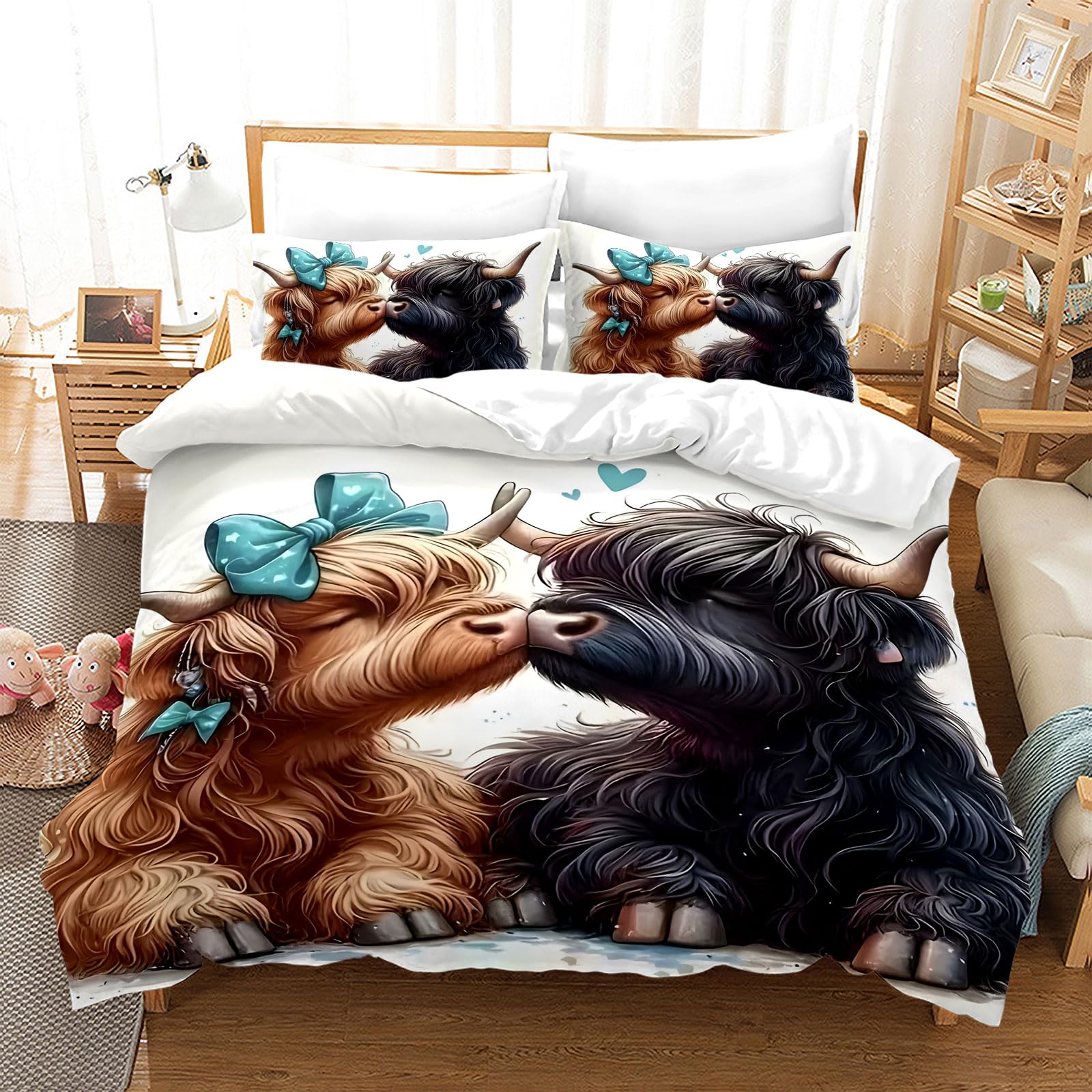 Parure de lit vache des Highlands pour une chambre style chalet cocooning