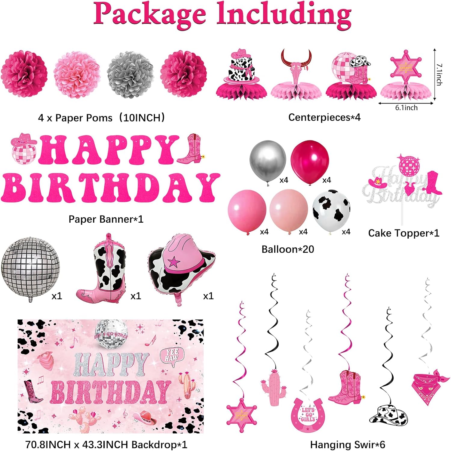 Crenics Disco Cowgirl Birthday Decorations - Disco Cowgirl Birthday Backdrop, Banner, Swirls, Honeycomb, Paper Pom Poms and Balloons for Cowgirl Theme Party Supplies - Image 2