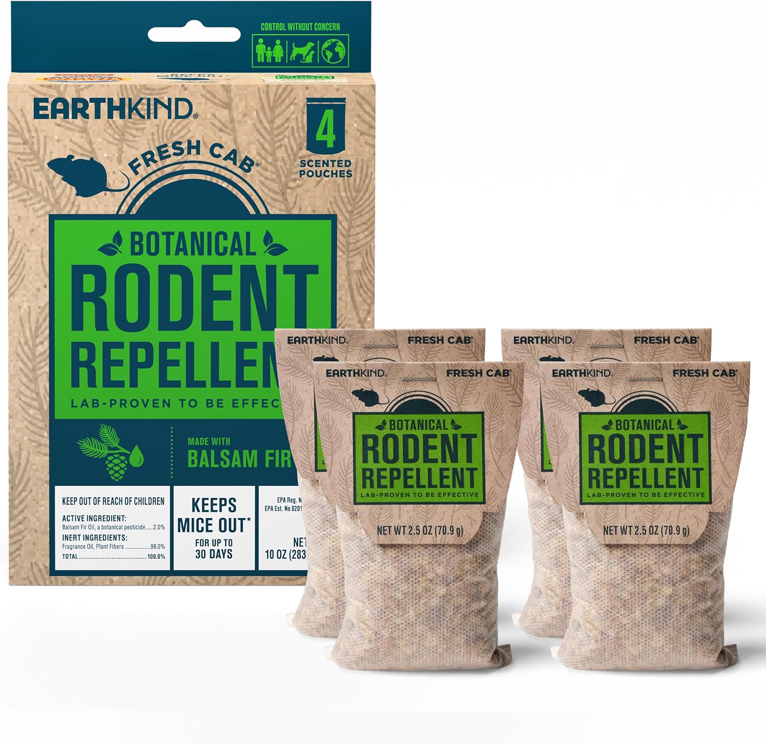 EarthKind Fresh Cab Rodent Repellent - Botanical Pest Control for Indoor Use - Safe for Kids & Pets When Used As Directed - Made with Plant Fibers, Essential Oil & Fragrance - New Packaging - 4-Pack