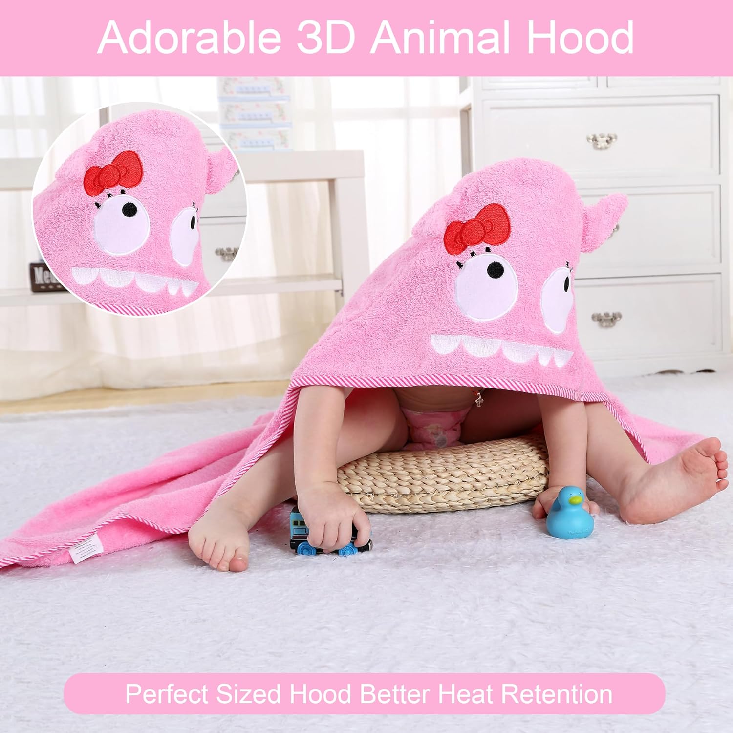 HAHASHOW Baby 3D Animal Hooded Bath Towel, 100% Cotton Ultra Soft Thick Bathrobe Shower Gift for Newborn Boy Girl Large Size 35 X 35 Inch Powder Monster