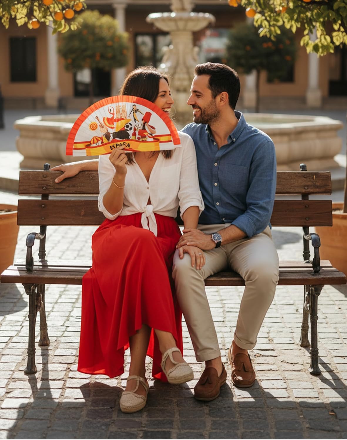 Spanish Hand Fan with Wood and Fabric | Traditional Design Featuring Icons of Spain | Souvenir with Flamenco Dancer, Bull & Paella | Perfect Summer Accessory and Unique Gift