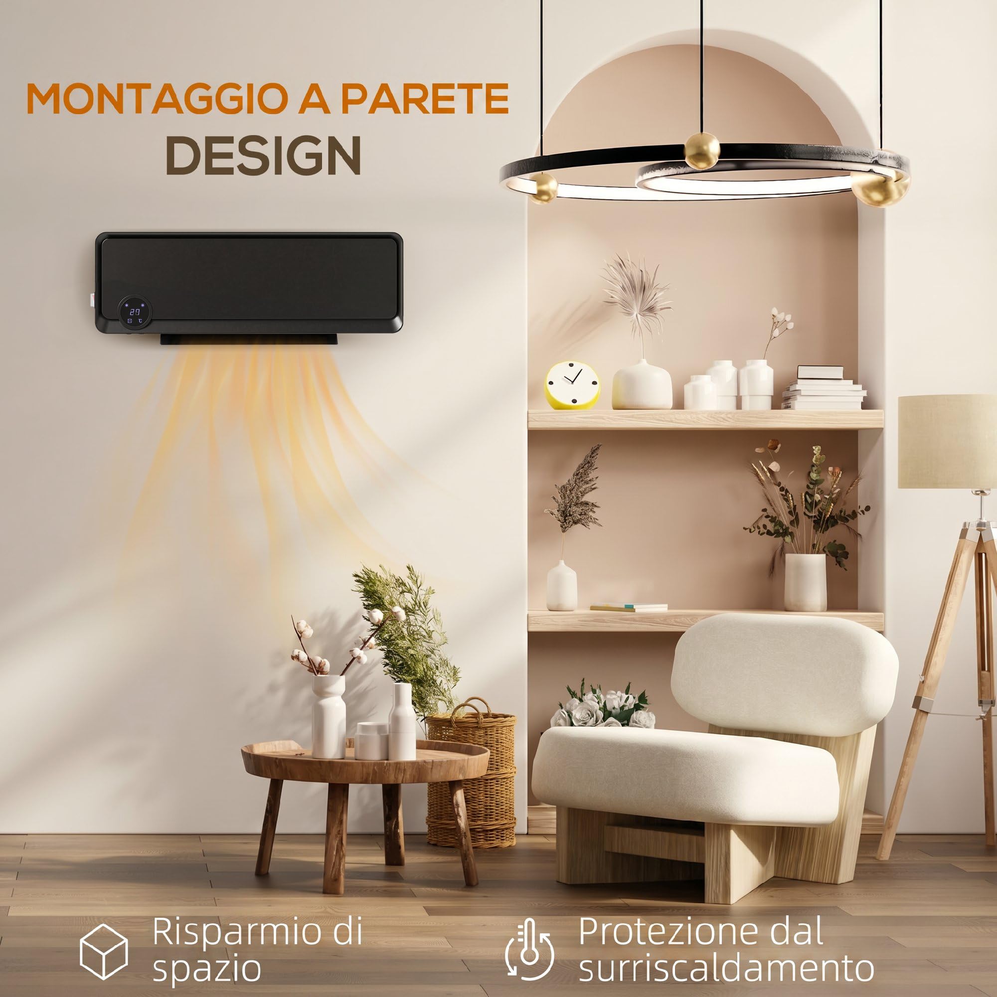 HOMCOM Stufa Elettrica da Parete PTC 56x18.5x11.7 cm Nero | Basso Consumo, 3 Modalità, Timer 12h, Oscillazione 30°, Termosifone Elettrico in PP e PA, con Telecomando