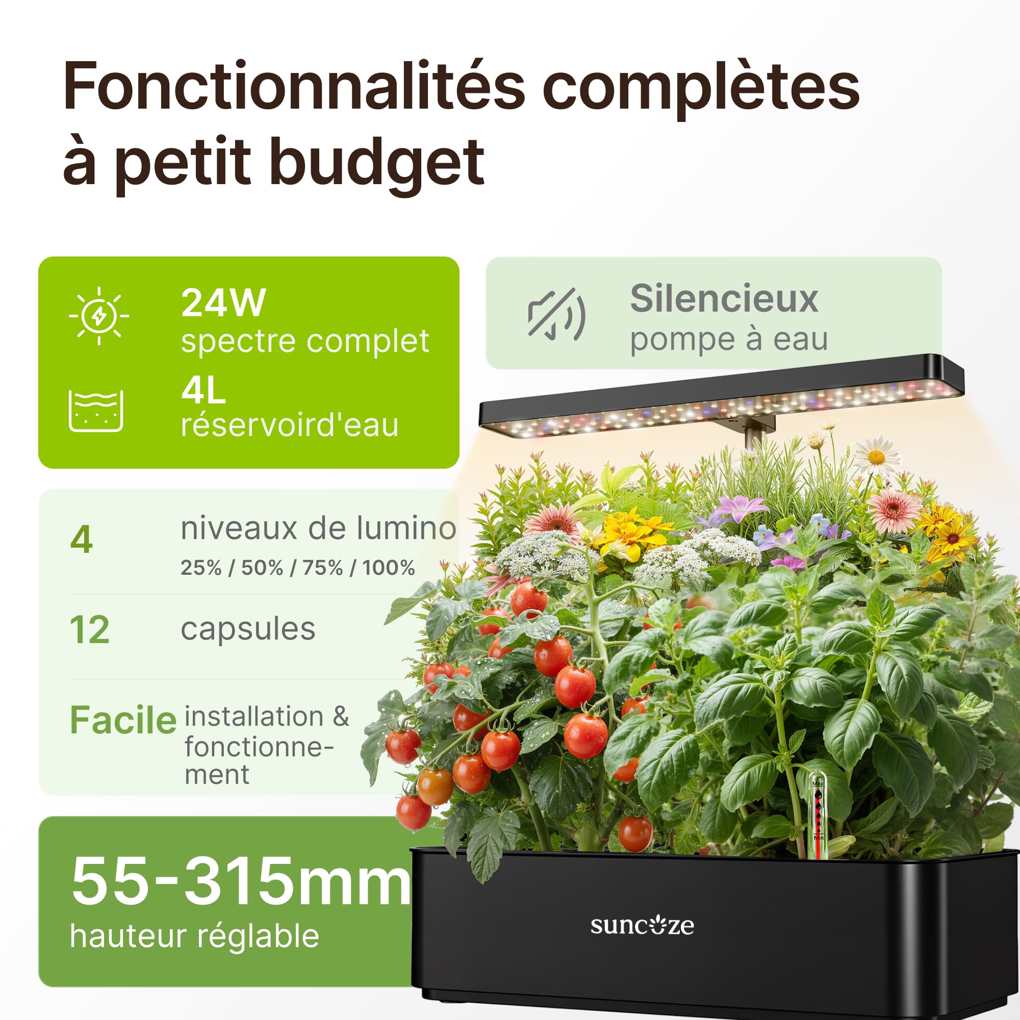 SUNCOZE Potager Hydroponique Smart avec 12 Paniers, Noir | Jardin d'Herbes avec Lampe LED 24W, Hauteur Réglable, Réservoir 4L, Pompe Intelligente Silencieuse, pour Maison et Cuisine
