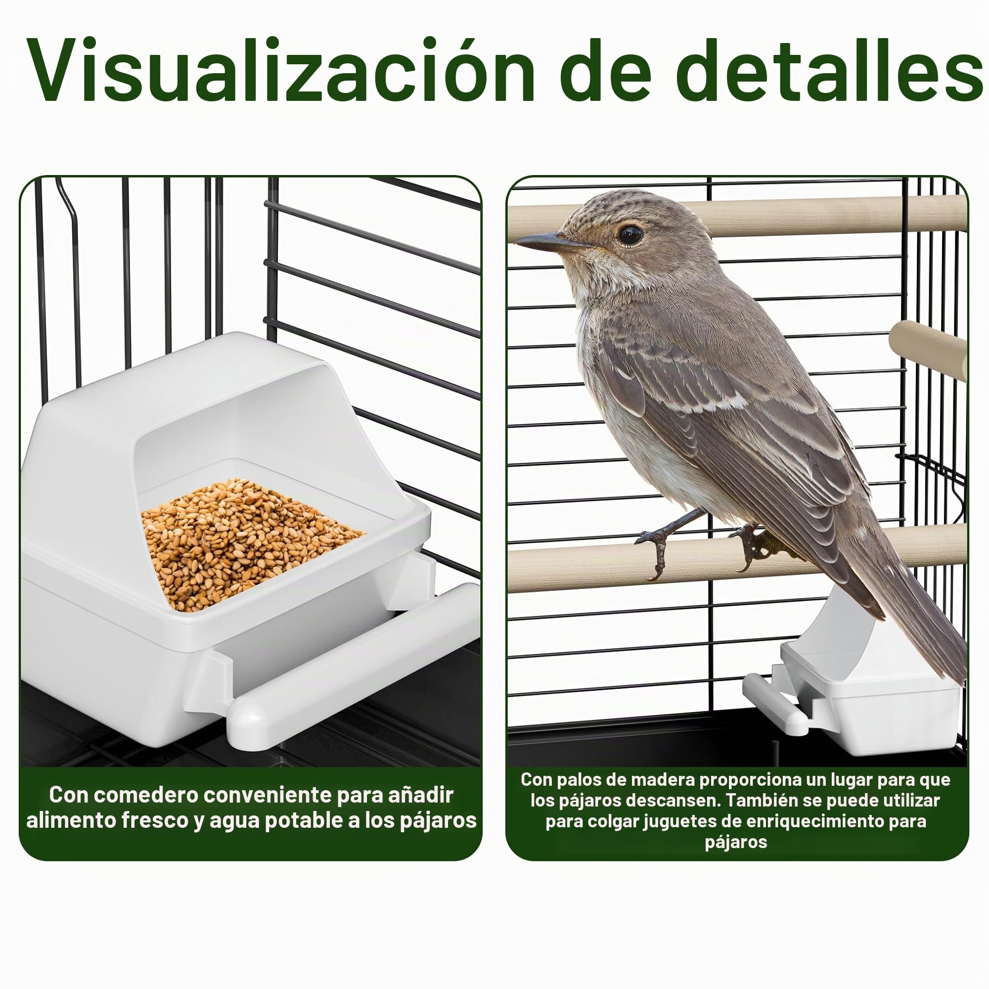 Froadp Pajarera con techo abierto, jaula de metal con barras de madera y comederos, jaula para pájaros, jaula para loros, palomas, periquitos, pinzones
