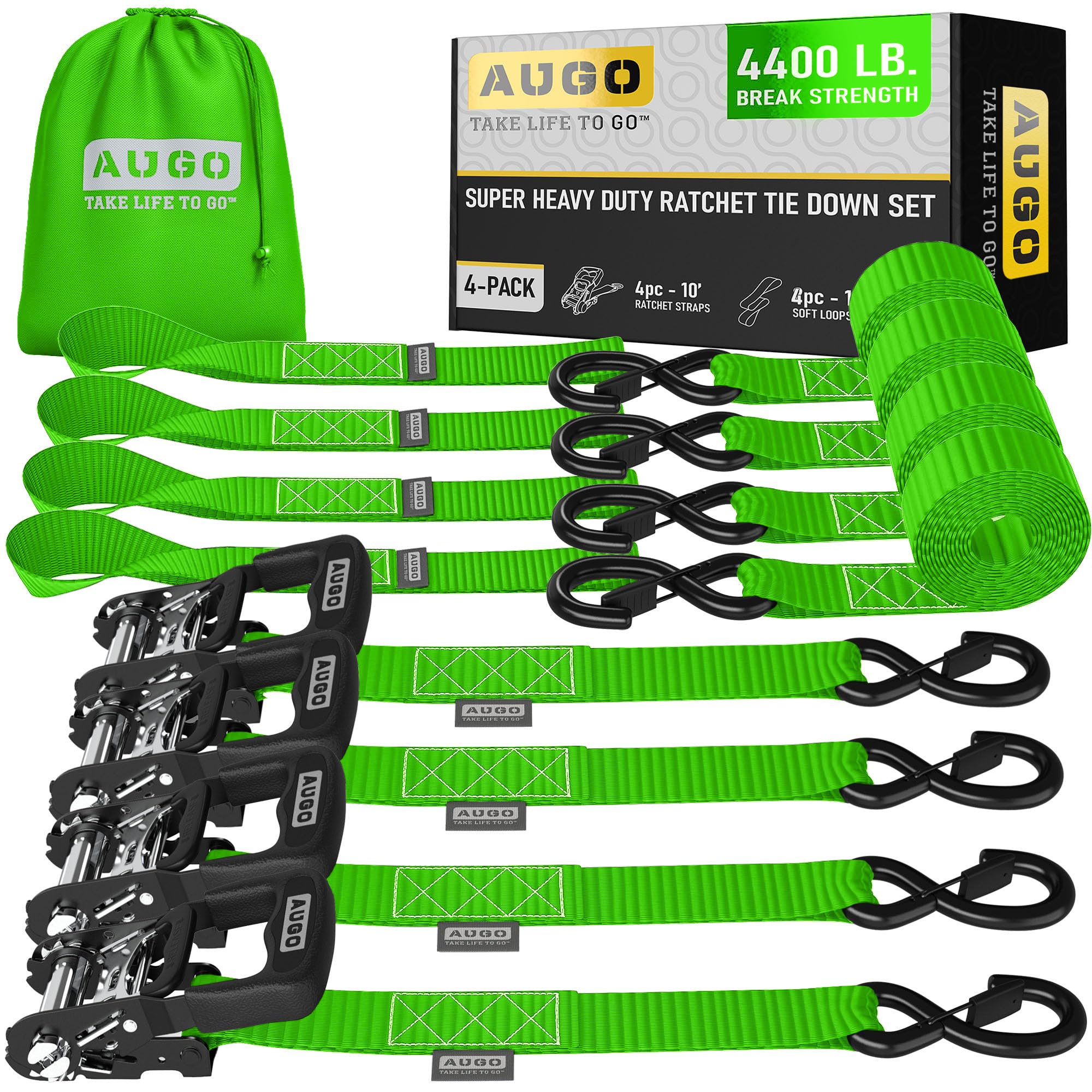 AUGO Ratchet Straps Heavy Duty 4 Pack -15 FT - 2200 LB Break Strength – with Safety Lock S Hooks - Cargo Straps for Moving, Appliances, Motorcycle – Soft Loop Tie Down Straps — view 21