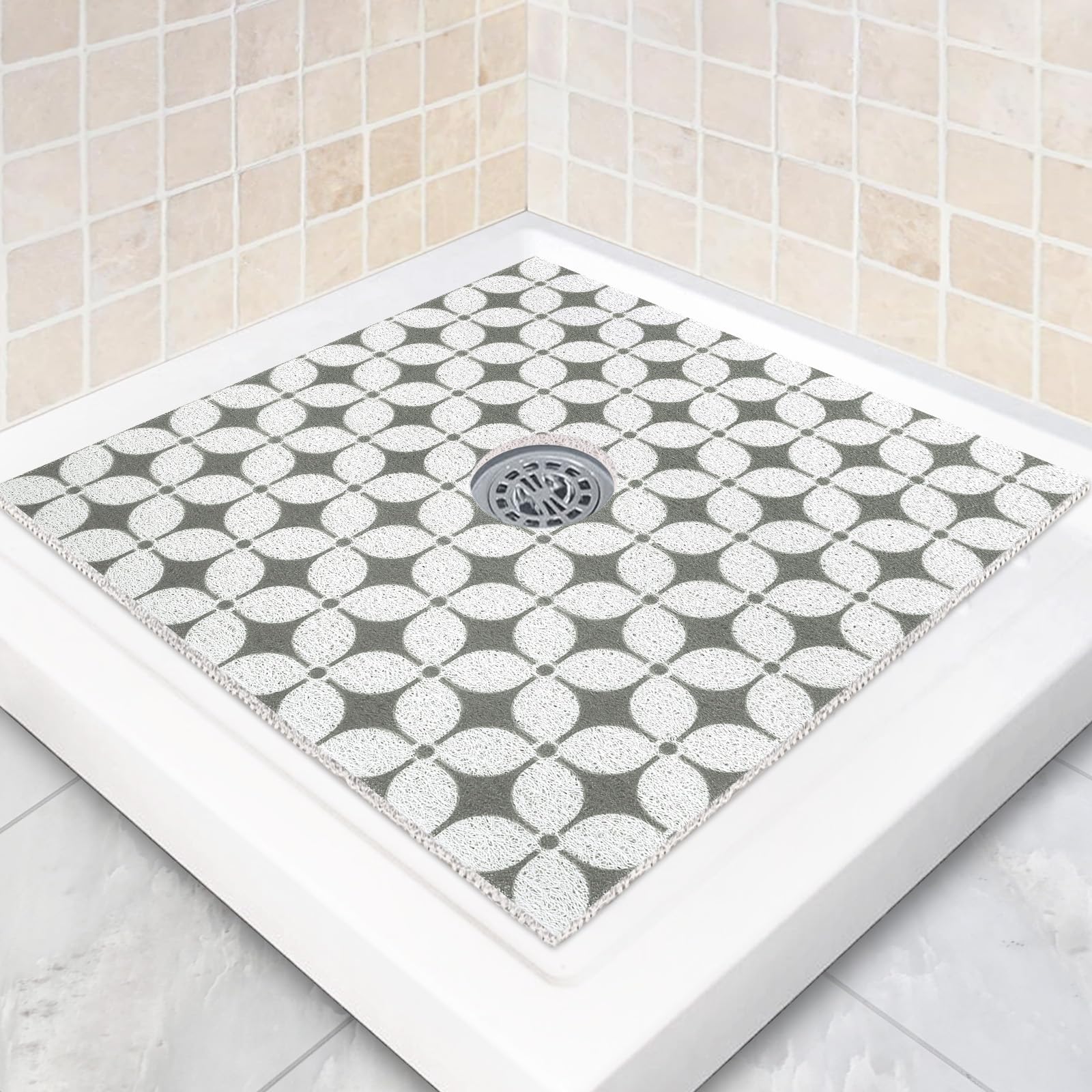 Square Shower Mat Non Slip: 32 x 32 Inch Extra Large Shower Mats with Drain Hole in Middle - PVC Loofah Anti Slip Shower Floor Matt for Inside Shower