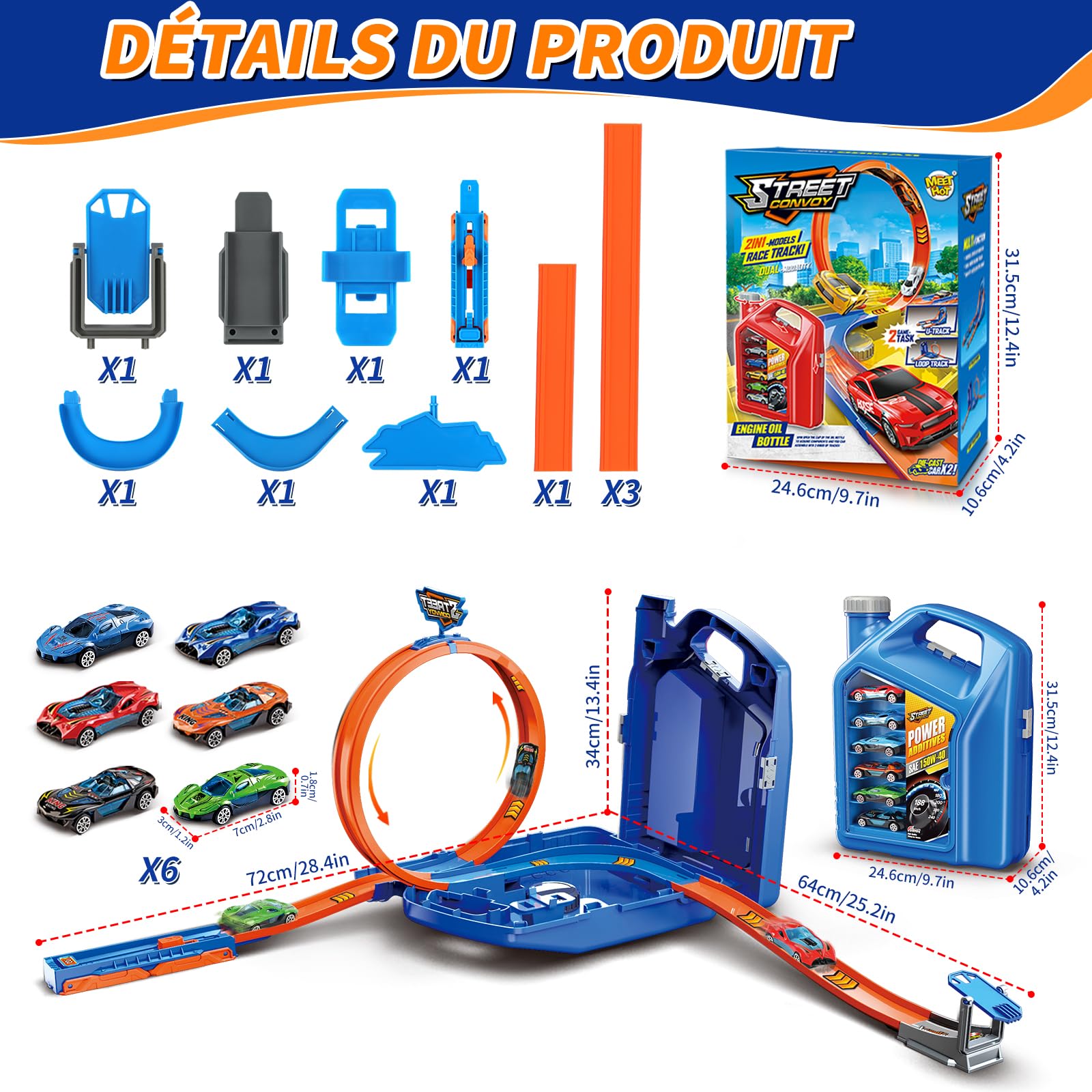 Charmofun Piste de Course 2 en1, Circuit Voiture Enfant avec 6 Voitures, Bboîte Rangement, Piste de Voiture avec Looping et U Track, Portable Jouet Circuit Voiture pour Enfants 3+ Ans (Bleu)