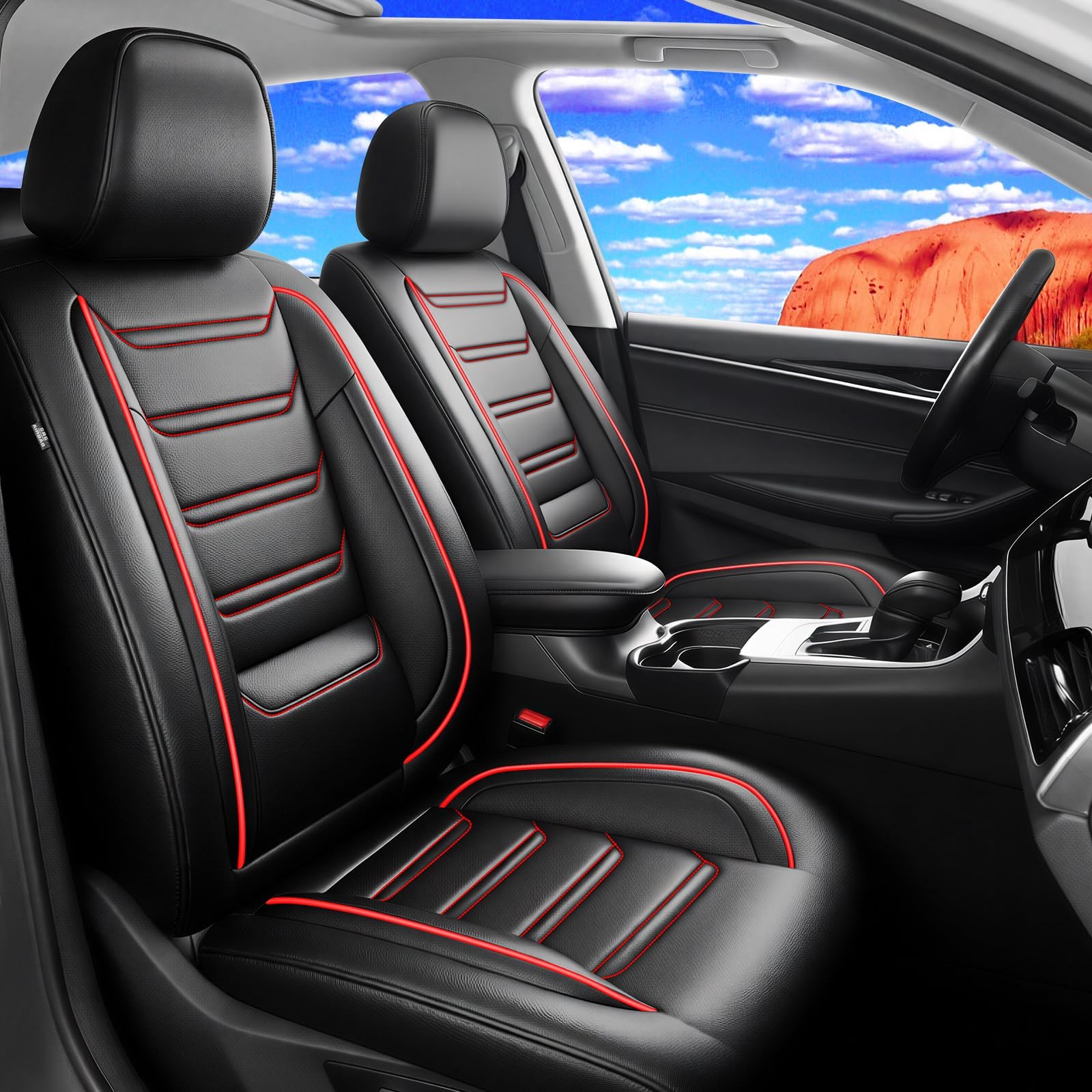 Fit Explorer Car Seat Covers for Select Ford Explorer 2004-2024 2025 - Full Coverage Leather, Waterproof & All Weather Seat Cushion Protector, Airbag Compatible, Black with Red Trim