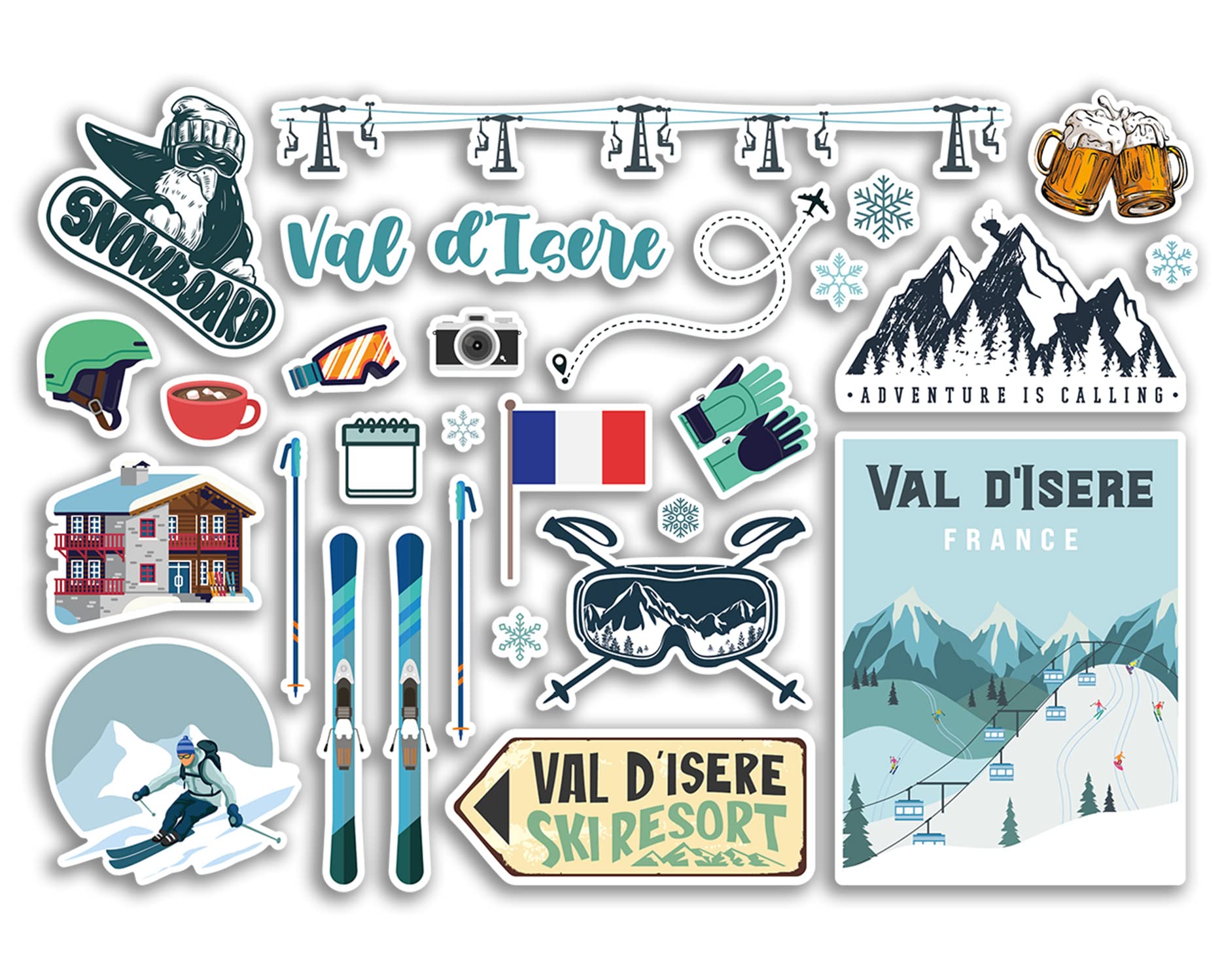 Dv Design Multi A5 Sticker Sheet Val D'isere Vinyl Stickers - France Ski Resort Mountains Snowboard Holiday Flag Travel Snow Sports Luggage Scrapbooking #79044