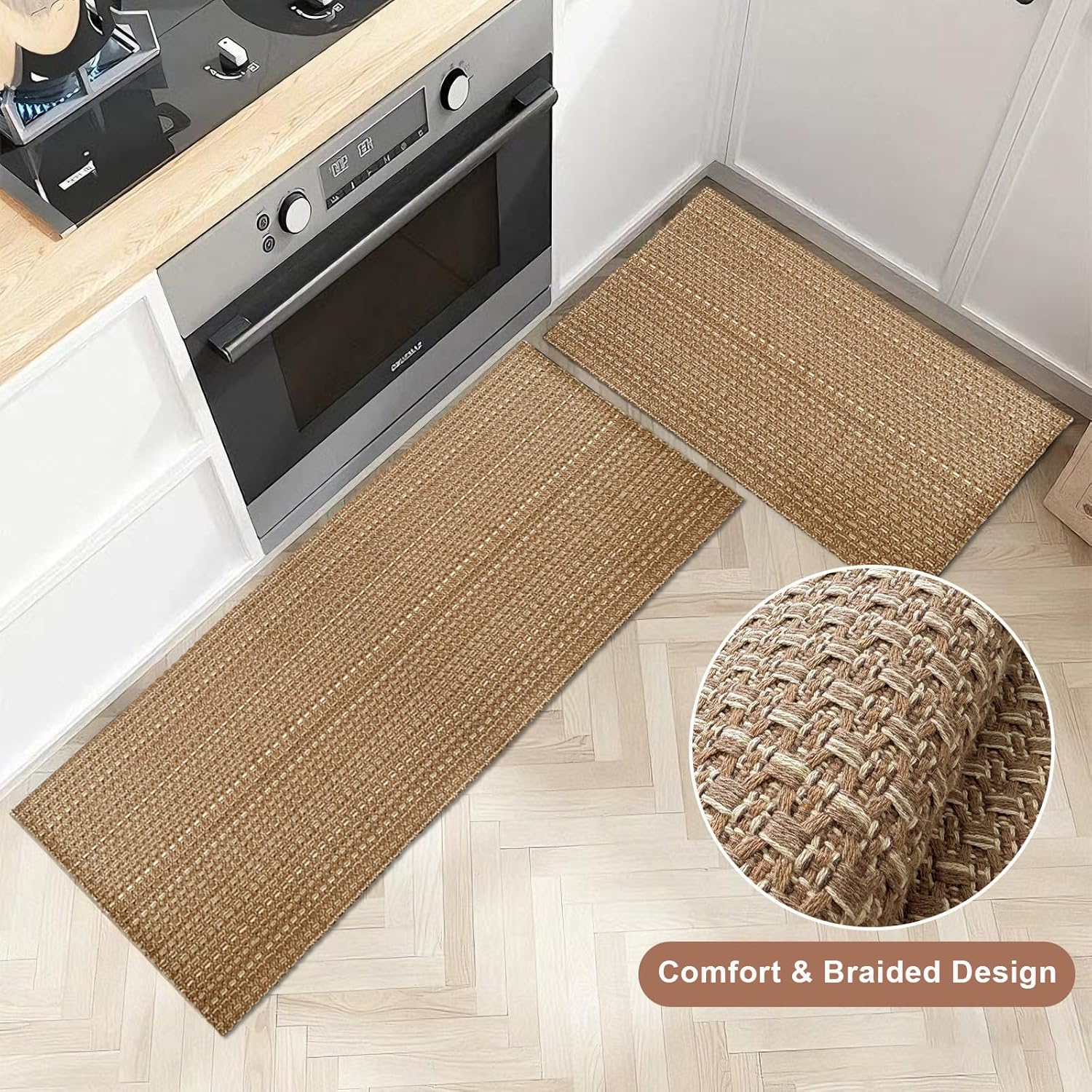 kitchen rugs,kitchen mats for floor,non slip washable 20"x 30"+20"x 48" neutral braided rug,faux jute rug with non slip backing for kitchen,solid,easy clean,area rugs sets of 2pcs,light brown 20"x30"+20"x48"(rectangular) light brown
