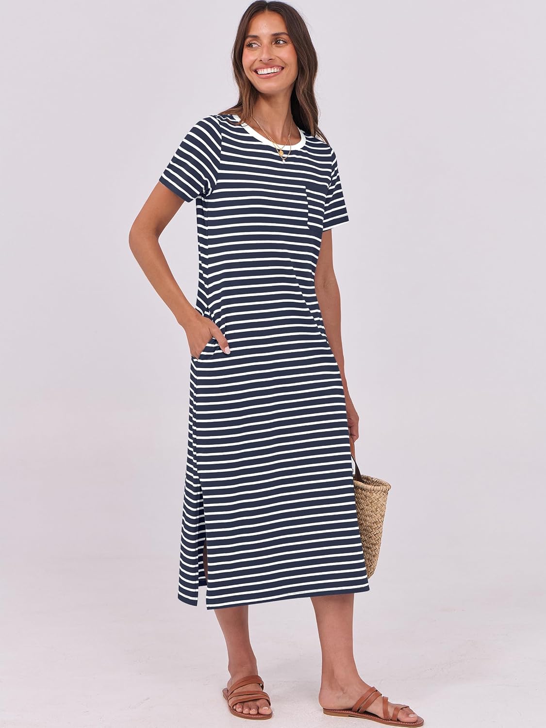 ANRABESS Womens Summer Casual Midi Dress Short Sleeve Crewneck T Shirt Long Dresses Split Stripe Beach Vacation Travel Outfit - Image 2