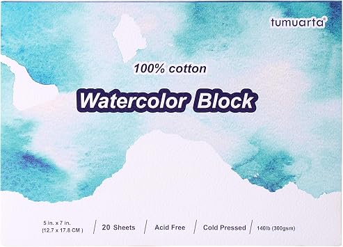tumuarta Watercolor Paper Block 100% Cotton, 140 LB Cold Press | 5x7 In, 300 GSM, 20 Sheets, Acid Free,Mixed Media Sketch Books for Watercolors, Acrylic, Gouache for Dry & Wet Techniques