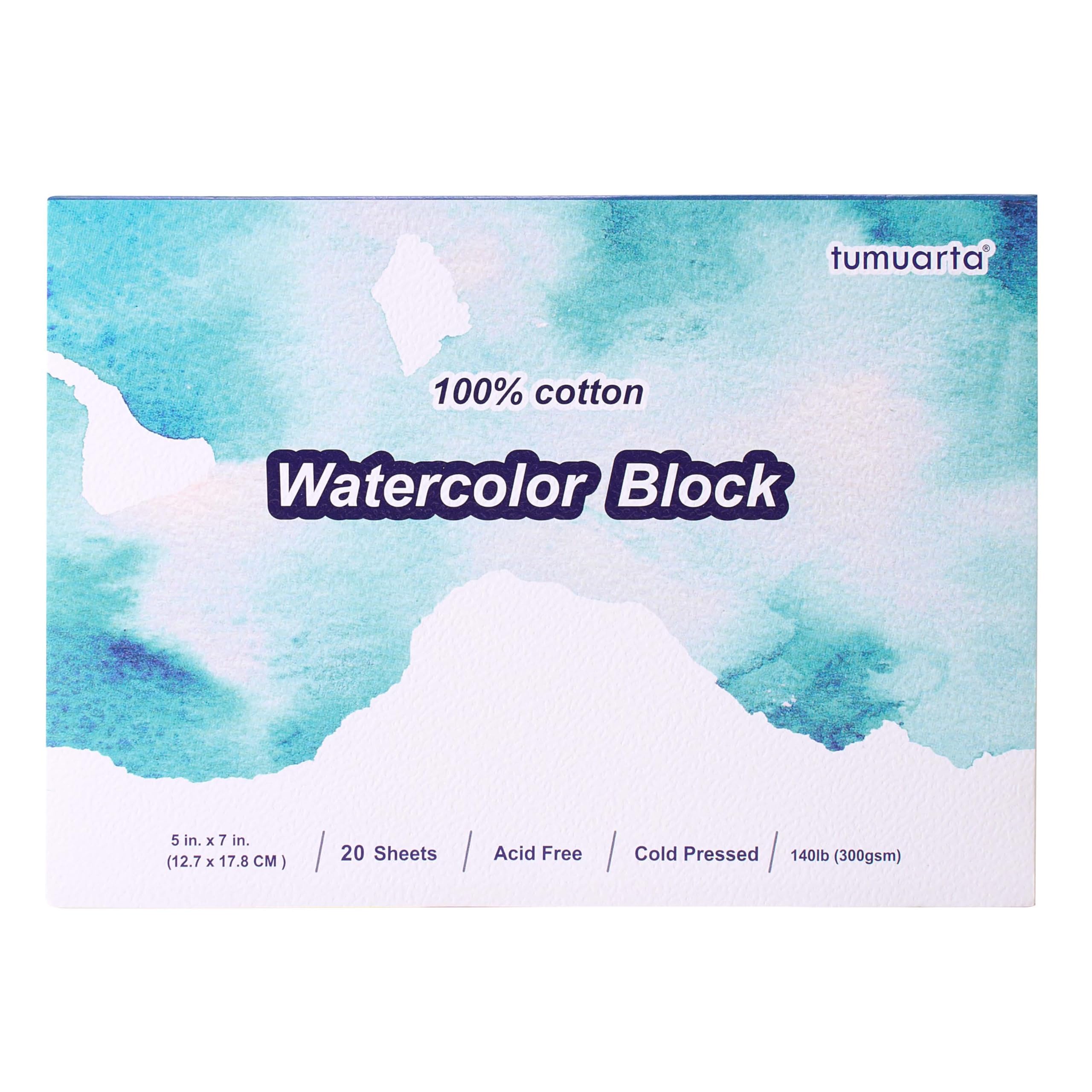 Watercolor Paper Block 100% Cotton, 140 LB Cold Press, 5x7 in, 300 GSM, 20 Sheets, Acid Free,Mixed Media Sketch Books for Watercolors, Acrylic, Gouache for Dry & Wet Techniques