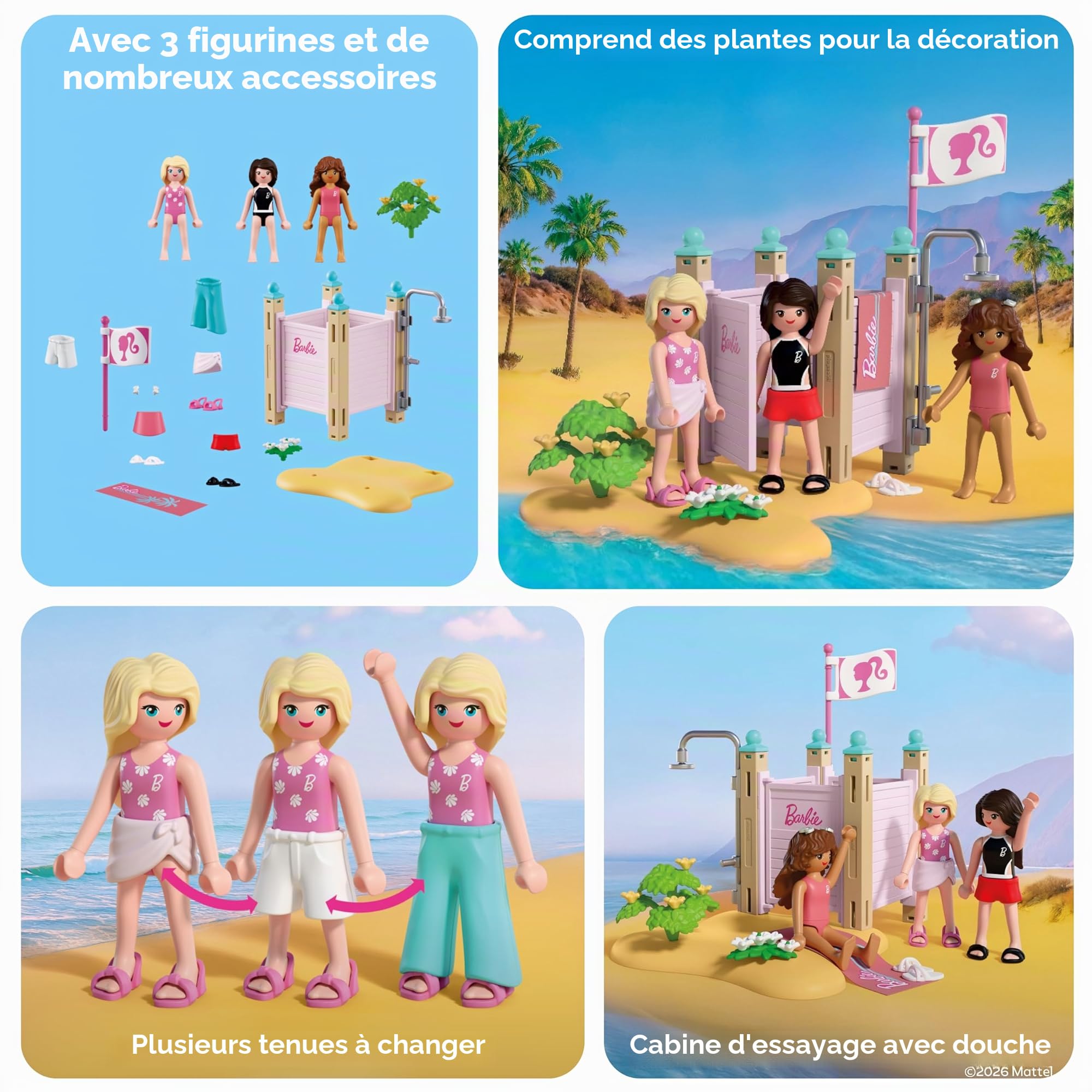 Playmobil Barbie Mode de Plage, Cabine de Change et Douche avec Barbie, Teresa et Renee, Favorise Le Jeu de rôle et la créativité, pour Enfants à partir de 4 Ans, 72124