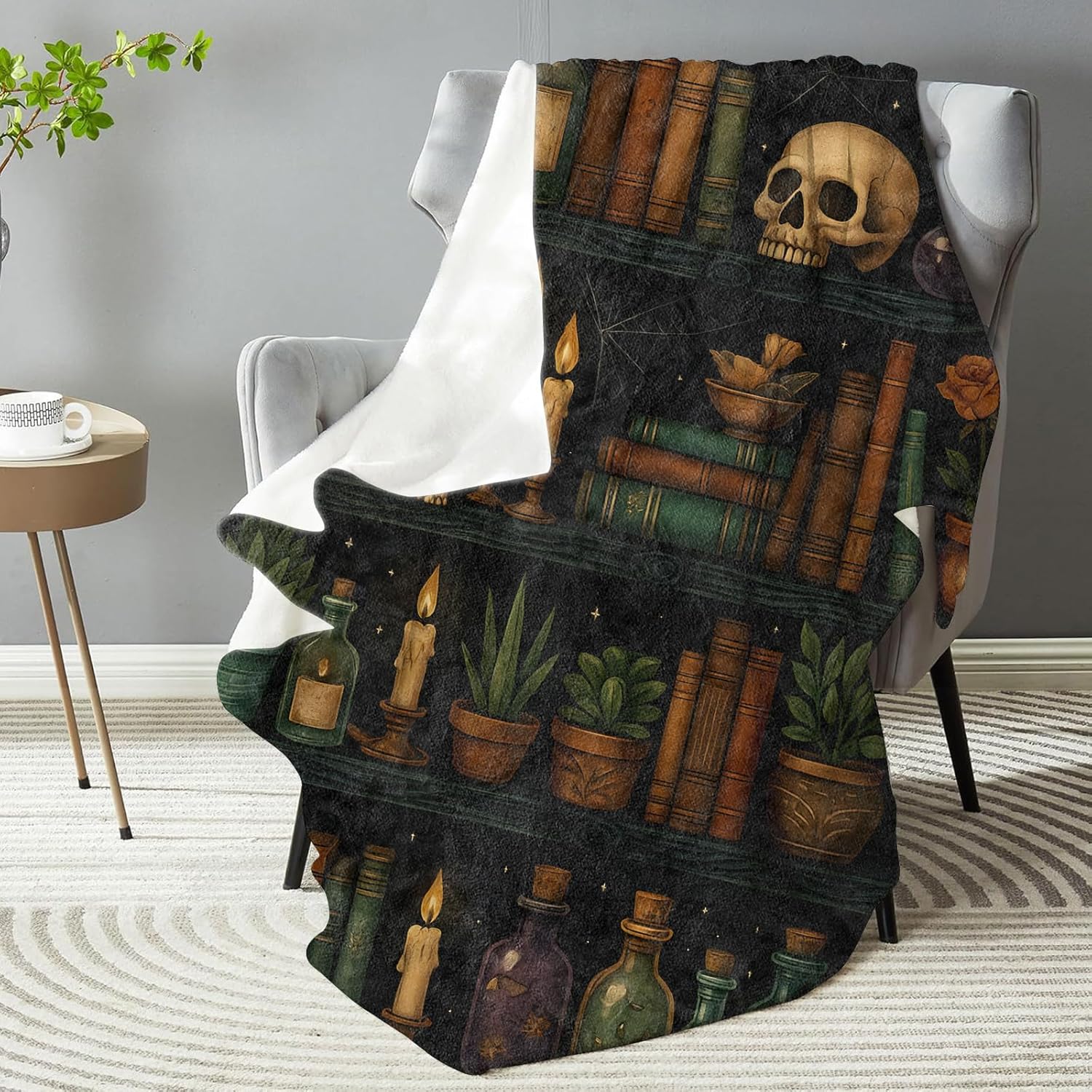 Witchy Gothic Bookshelf Blanket, Soft Lightweight Warm Cozy Flannel 60×50 inch Throw Blanket for Couch, Travel, Bed, Outdoor, Gifts for Women Men Adults Kids