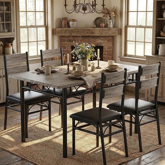 Garvee 5 Piece Dining Table Set for 4, Wooden Industrial Rectangular Kitchen Dinner Table w/ 4 Upholstered High Back Chairs Set, Sturdy Metal Frame, for Kitchen, Apartment, Small Space, Retro Gray