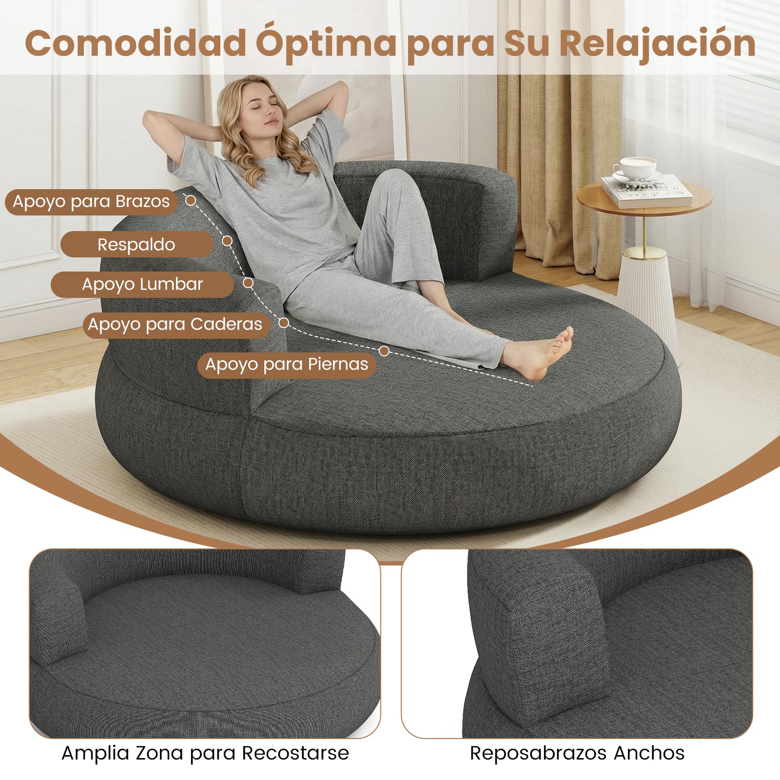 COSTWAY Sofá Hinchable XL, 160 x 164 x 61,5 cm, Sofá Cama Redonda Inflable con Funda Desmontable, Zona Espaciosa y Reposabrazos Amplios, Sillón Hinchable para Salón, Dormitorio, Oficina (Gris)
