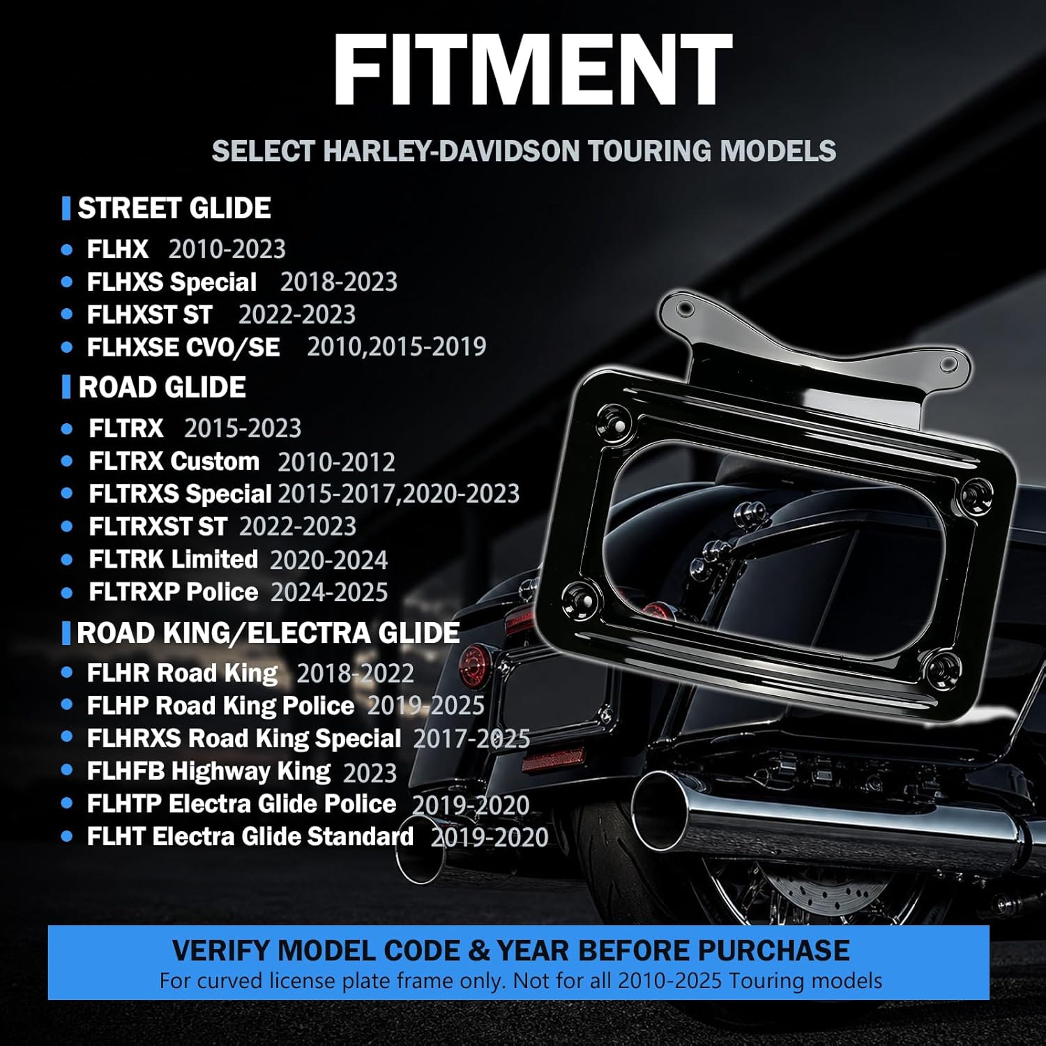 3147 Curved License Plate Holder Frame, Fits Select Harley-Davidson Touring Street Glide Road Glide Road King Special, FLHX 2010-2023, FLTRX 2010-2013/2015-2023, FLHRXS 2017-2025 | Black