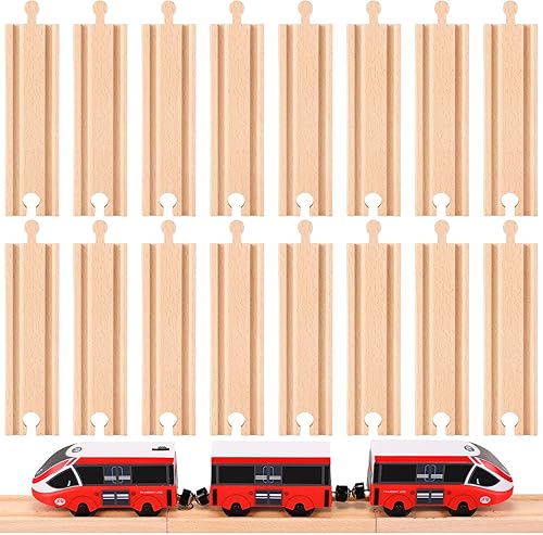 Liliful Paquete de 16 vías de tren rectas de madera de expansión macho-macho, hembra-hembra, compatible con la mayoría de vías de tren de 6 pulgadas