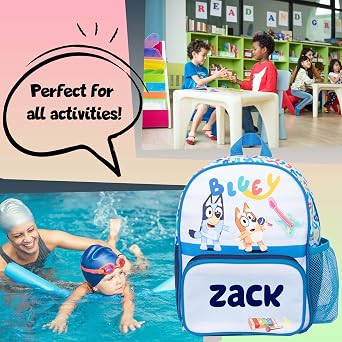 Bluey Personalised Kids Backpack, Toddlers Nursery Bag Mesh Water Bottle Pocket and Front Zipped Pockets, Personalised with any name