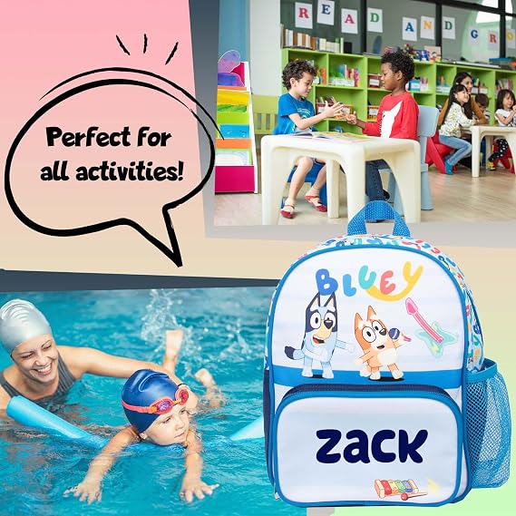 Bluey Personalised Kids Backpack, Toddlers Nursery Bag Mesh Water Bottle Pocket and Front Zipped Pockets, Personalised with any name