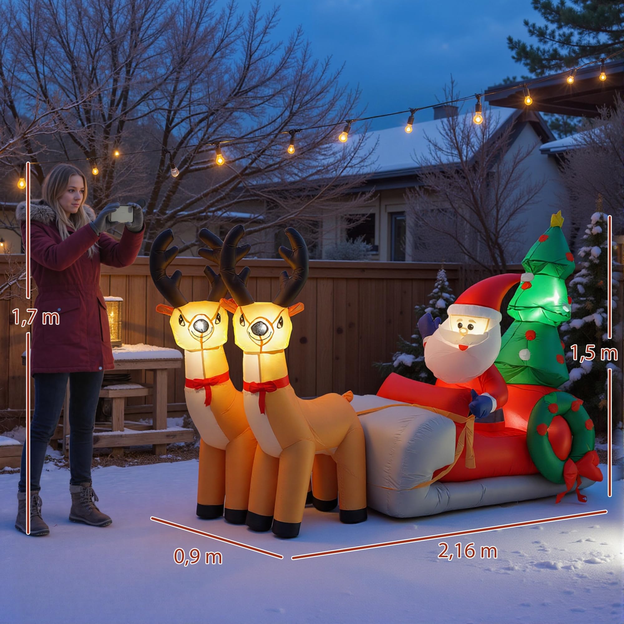 Outsunny 216 cm Aufblasbarer Weihnachtsmann auf Schlitten mit 2 Rentier | Weihnachtsbaum, Aufblasbare Weihnachtsdeko, Eingebaute LED-Lichter, Weihnachtsdekoration, für Rasen Hof Garten