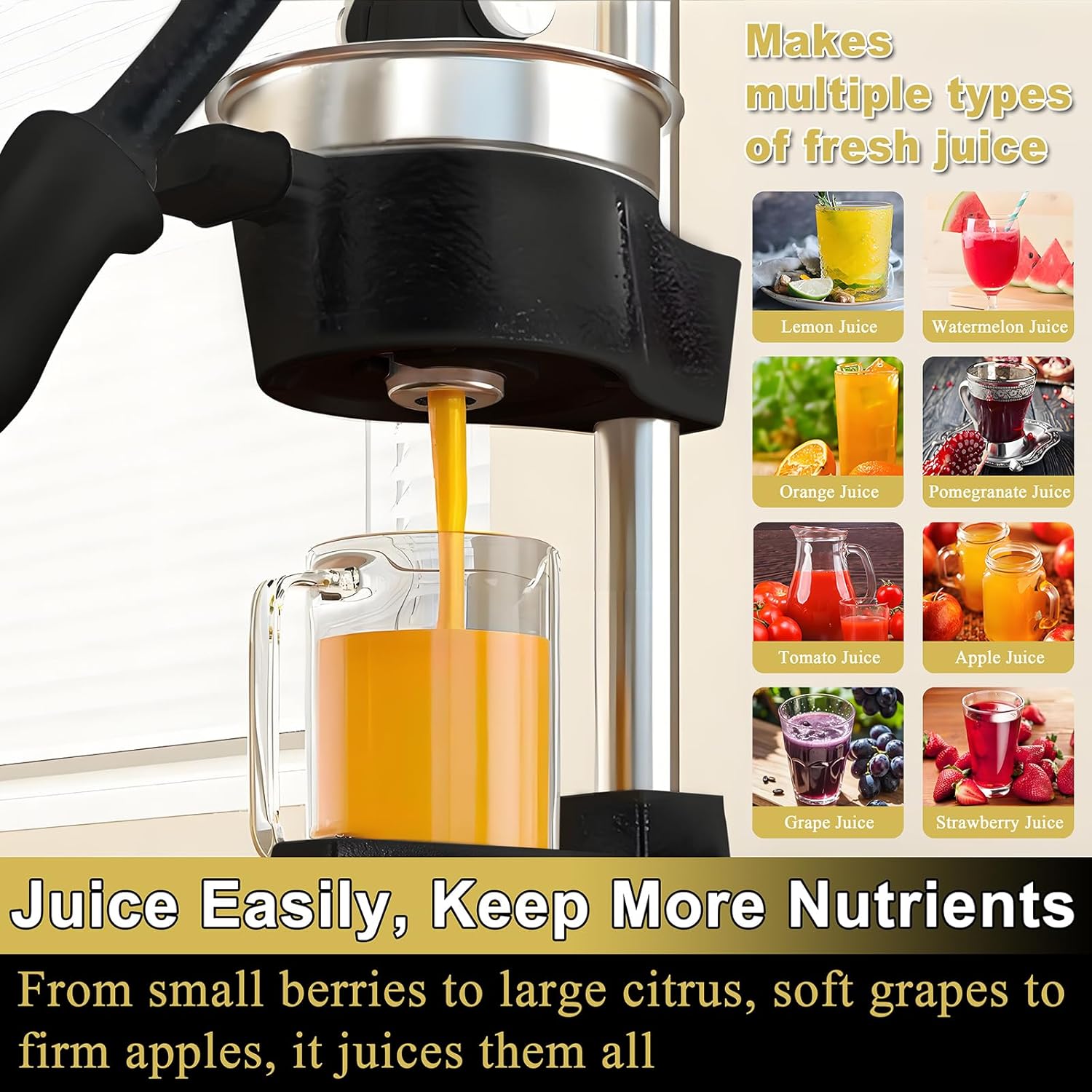 Cast Iron Hand Press Juicer, Commercial Heavy Duty Metal Manual Citrus Fruit Juice Extractor for Orange Pomegranate Grapefruit, Professional Stainless Steel Lemon Squeezer Machine, Easy Clean (Black)