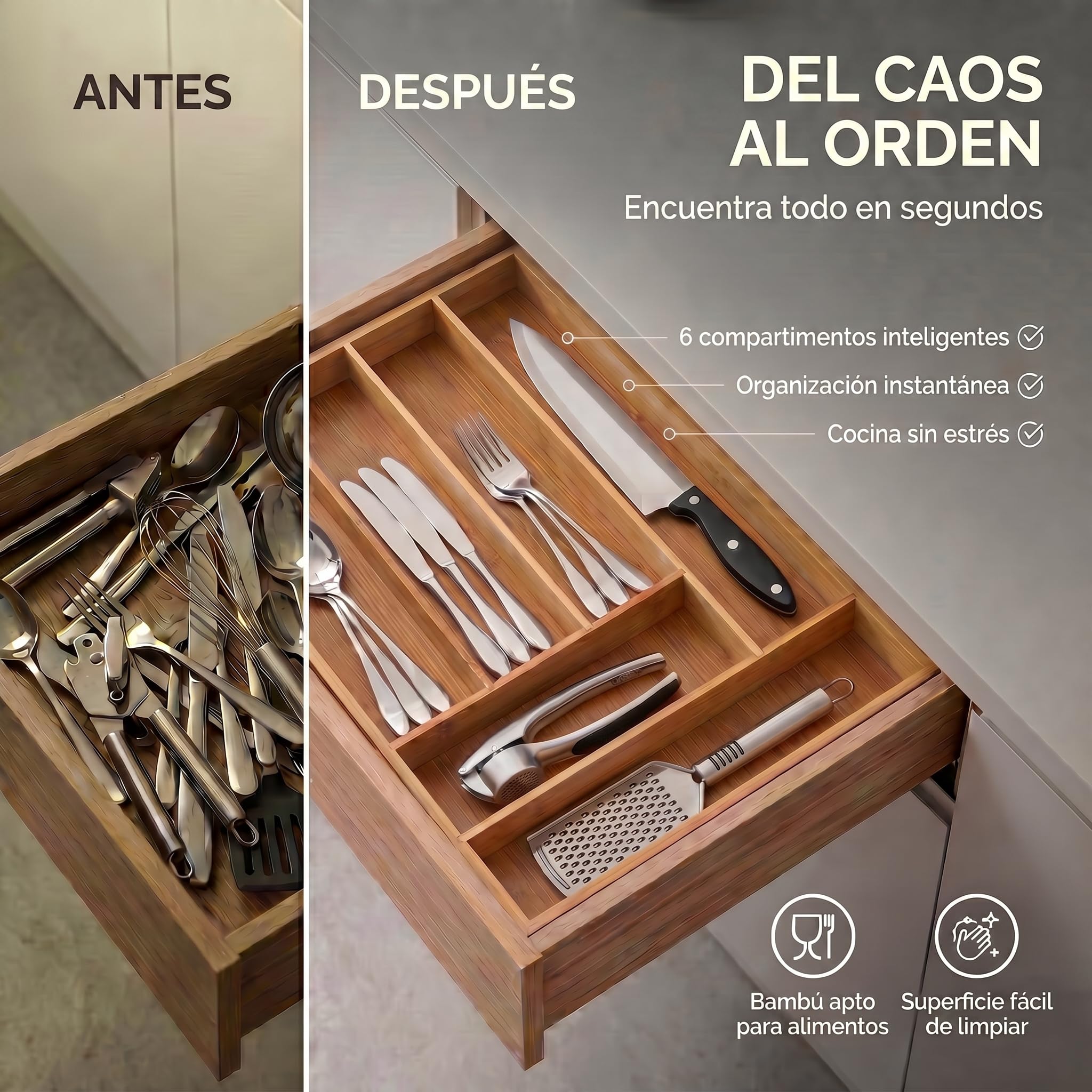 Dimono® Cubertero de Madera de Bambú - Bandeja para Cubiertos 7-9 Compartimentos