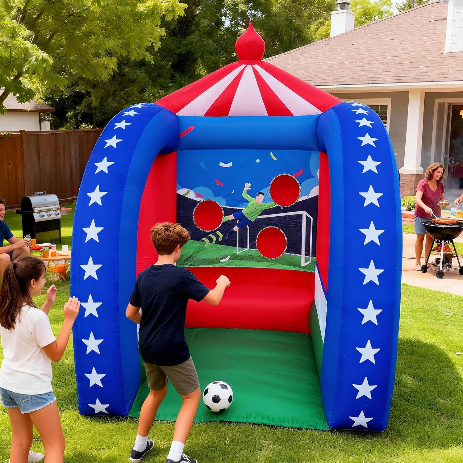 OZIS 6.5x6.5x9Ft Inflatable Soccer Game with Soccer Ball & Blower, Portable Fun Kicking Target Holes, Interactive Inflatable Carnival Games for Commercial Events, Parties, Family Activities