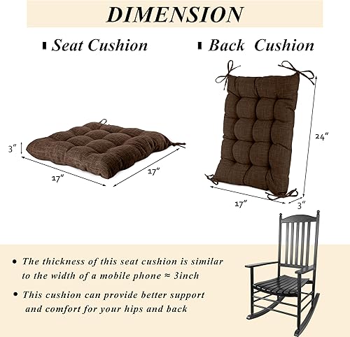Miniatura 3 de Juego de 2 cojines para silla mecedora, respaldo alto y cojín de asiento, color marrón lino