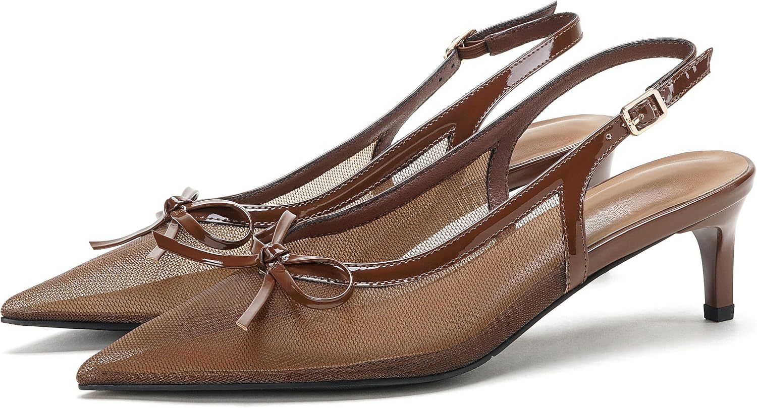 CouieCuies Women's Slingback Kitten Heels Pointed Toe Mesh Pumps Elegant Bow Knot 2.44 Inch Low Heel Dress Shoes for Wedding Office Party, Size 6-11