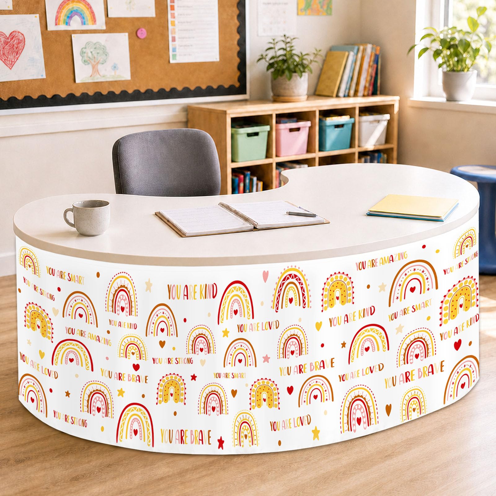 9FT Boho Rainbow Table Skirt Colorful Teacher Desk Skirt Classroom Desk Skirts for Back to School Decor Classroom Table Skirts for Back to School Supplies Office Bookcase Cabinet Decorations