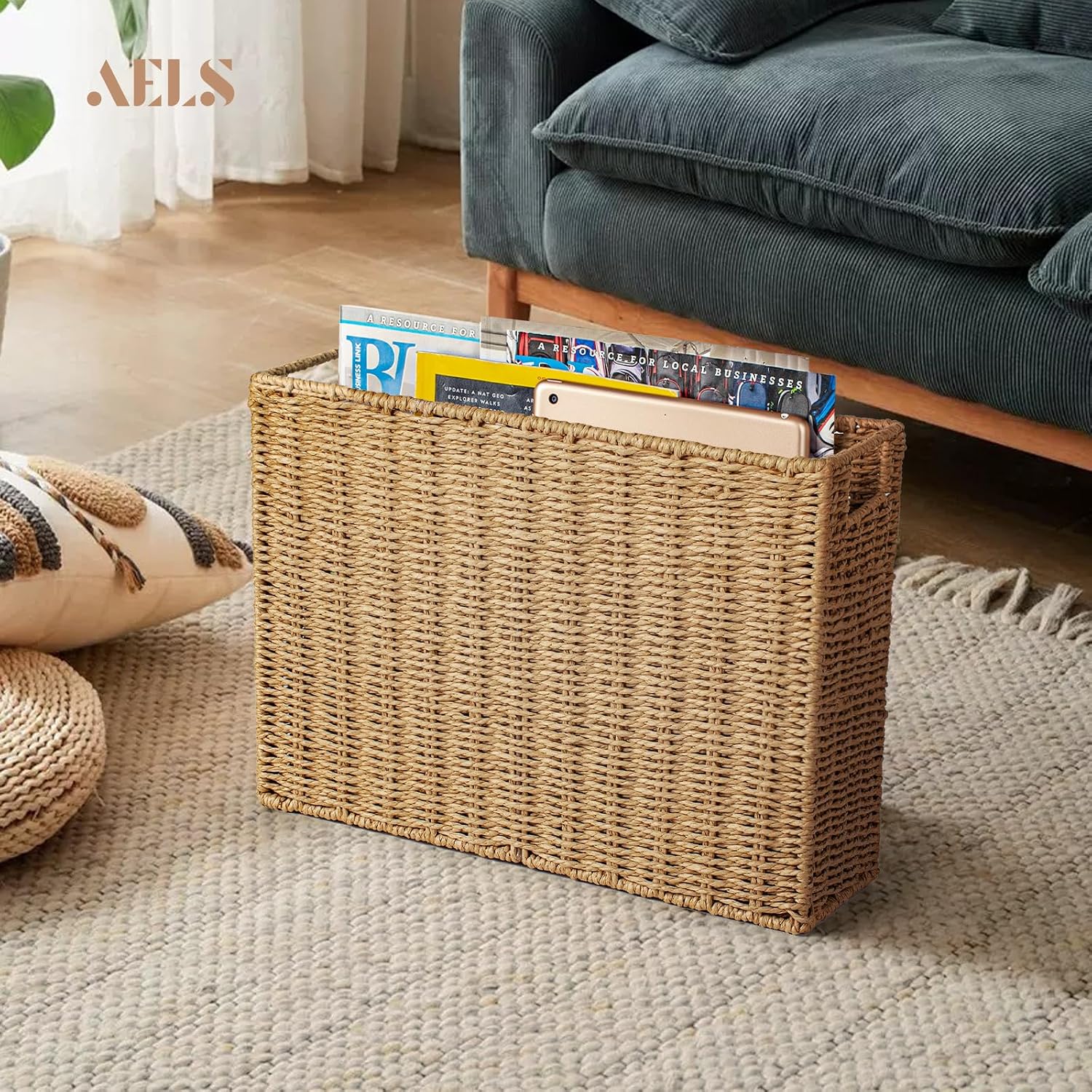 AELS Woven Natural Fibre Magazine Holder, Magazine Rack Floor, Hand-woven Magazine Organizer, Natural Paper Rope Magazine Basket with Handles, Boho Modern Farmhouse Book Basket, Newspaper Holder image 3