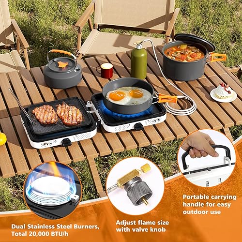 Miniatura 4 de Hisencn Estufa de camping portátil, estufa de campamento plegable de 2 quemadores, estufa de gas plegable de 20000 BTU, estufa de propano portátil