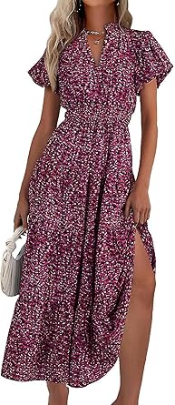 MASCOMODA Summer Maxi Dresses for Women 2026 Casual V Neck Puff Short Sleeve Smocked Flowy Beach Boho Long Floral Dress