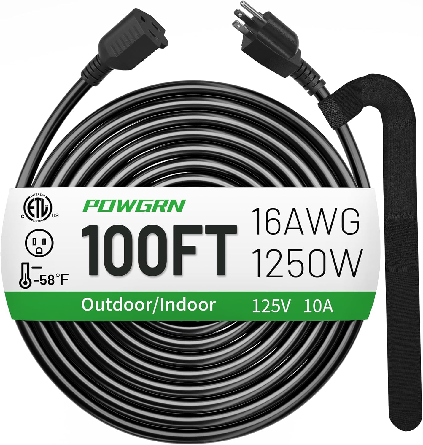 POWGRN 100 FT 16/3 Black Indoor Outdoor Extension Cord Waterproof, 3 Prong Flexblie SJTW Cold Weatherproof -50°C Appliance Extension Cord 10 AMP 1250W 16AWG Electric Cable, ETL Listed