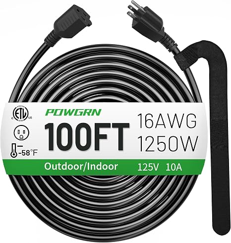 100 FT 16/3 Black Indoor Outdoor Extension Cord Waterproof, 3 Prong Flexblie SJTW Cold Weatherproof -50°C Appliance Extension Cord 10 AMP 1250W 16AWG Heavy Duty Electric Cable, ETL Listed
