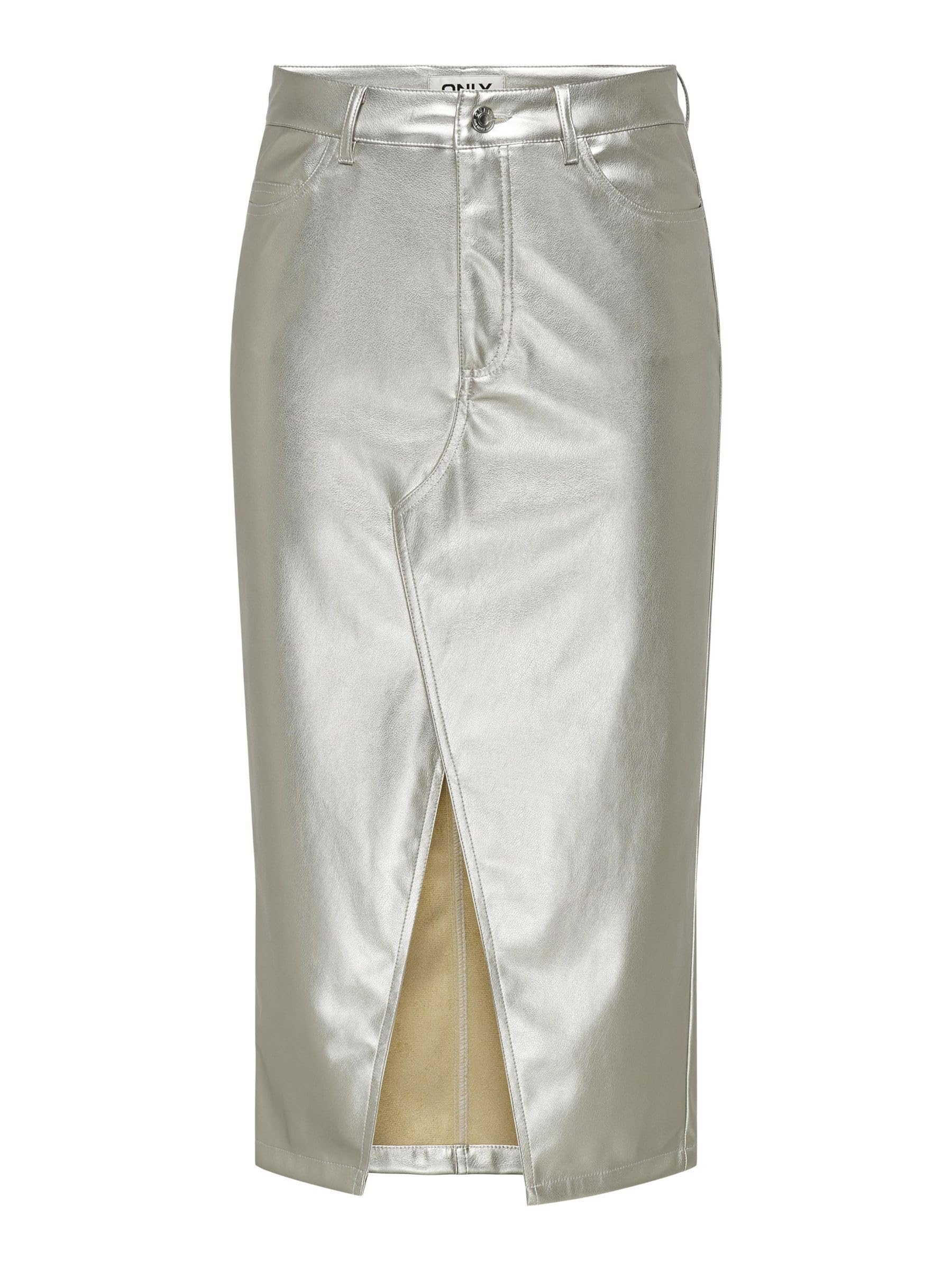 ONLY Onllola Elyna HW Metal Long Skirt PNT Faux Leather Silver XS