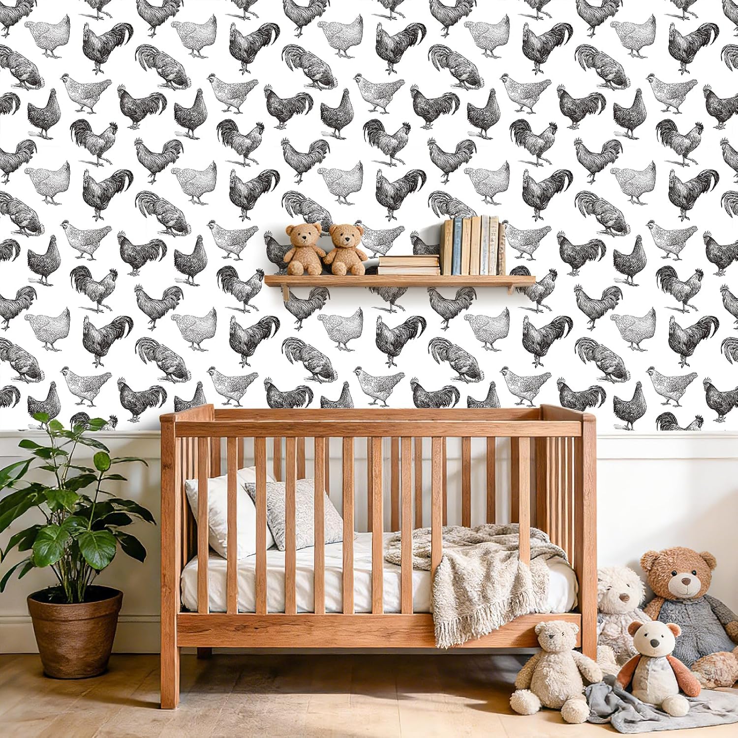 YENHOME Black and White Chicken Peel and Stick Wallpaper Vintage Farmhouse Rooster and Hen Wallpaper for Kitchen Coop 17.5"X118" Self Adhesive Cottage Farm Animal Wall Paper for Accent Wall Kids Room