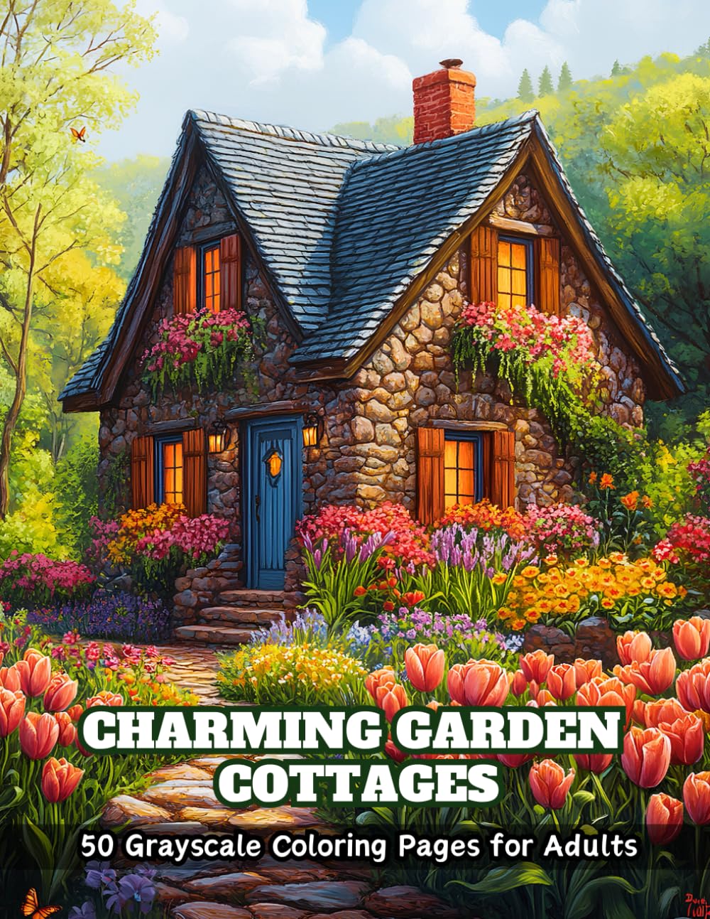 Charming Garden Cottages Coloring Book: 50 Grayscale Coloring Pages for Adults for Relaxation and Stress Relief